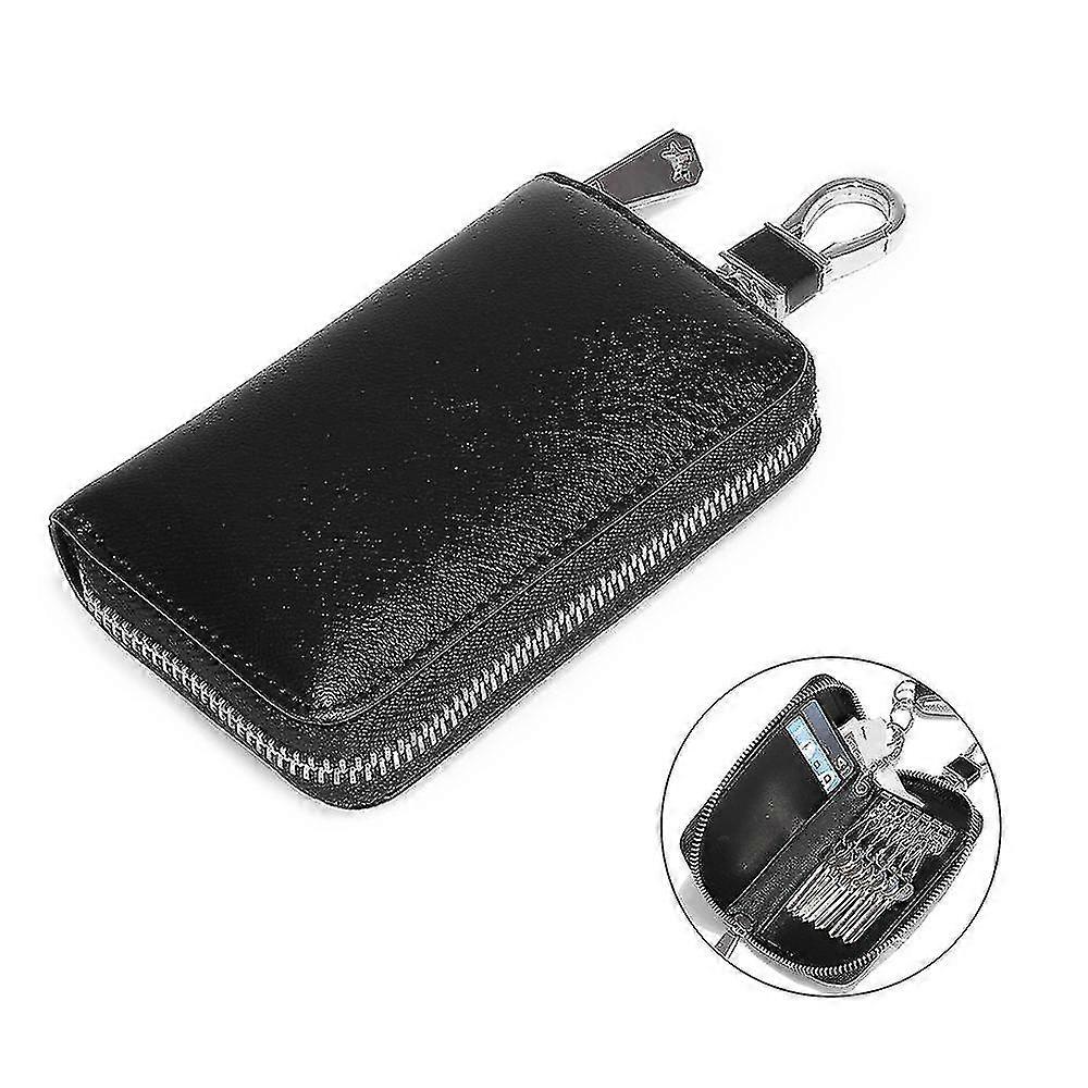 Leather Car Key Case Car Key Chain Protective Cover Zipper Bag, Multifunctional Home Key Case, Black