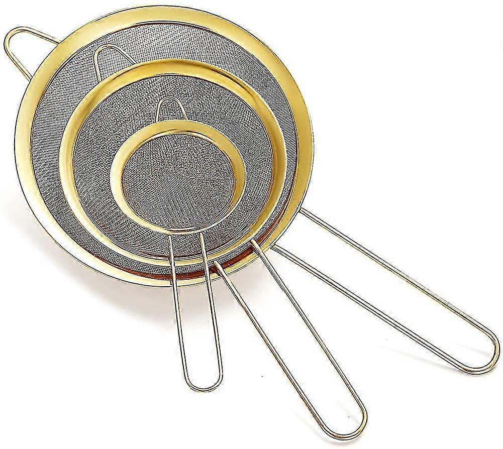 Set Of 3 Pieces Of Golden Fine Mesh Colander. Golden Flour Sieve