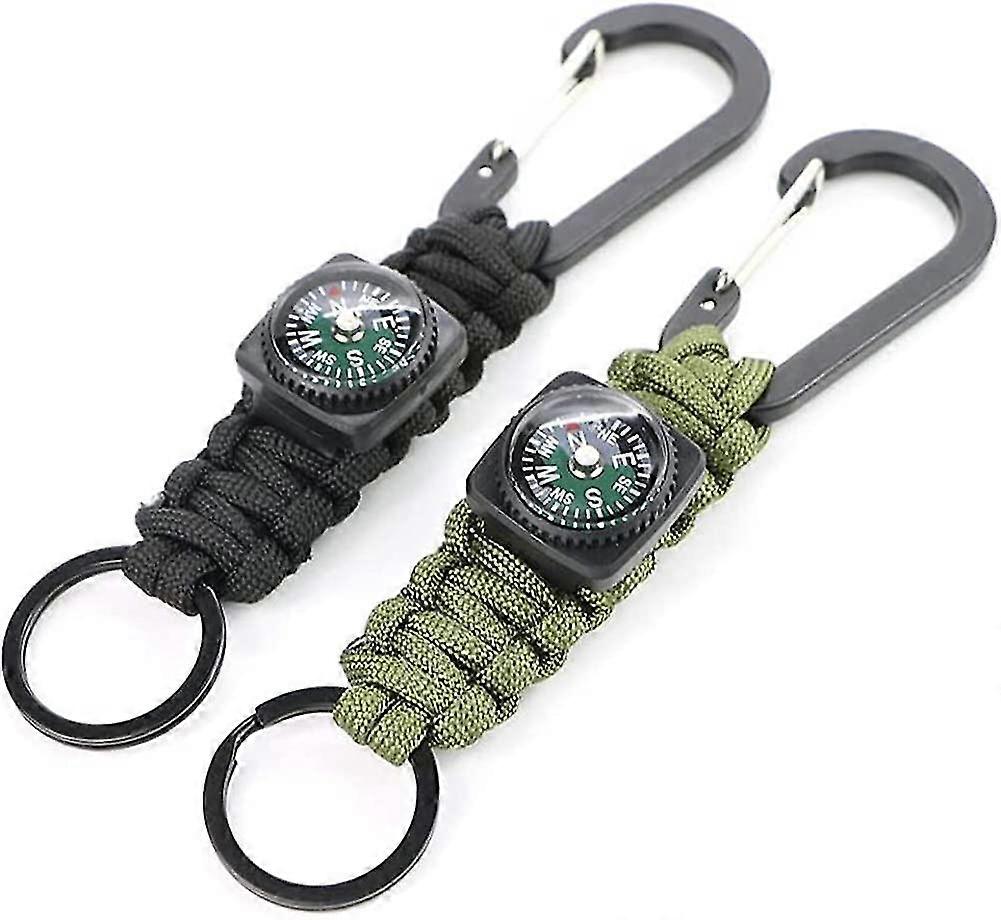 מחזיק מפתחות Paracord עם מצפן וקרבינר, לפעילויות קמפינג בחיק הטבע (2 יח ', שחור + ירוק כהה)
