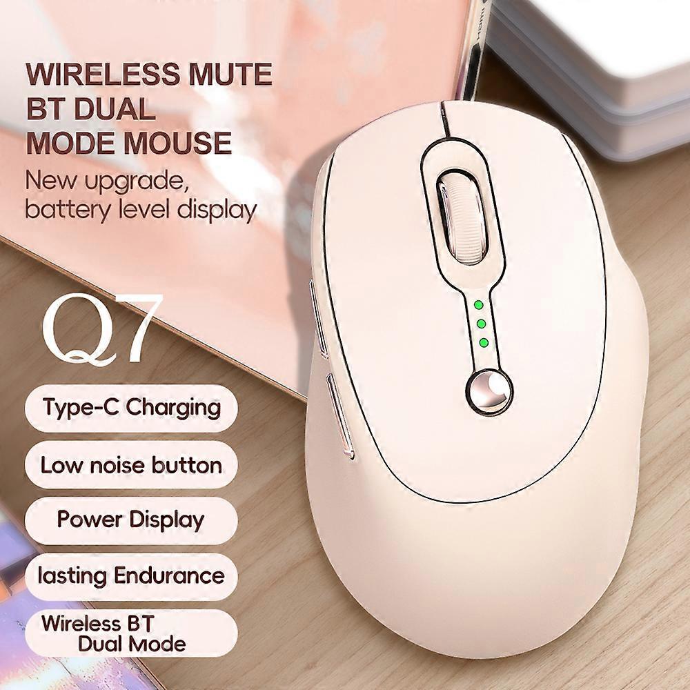 T-WOLF Q7 Wireless 2.4G BT5.0 Dual-Mode Rechargeable Pink Mouse 1000/1600/2400DPI with Power Display USB Office Business Girls Cute Rechargeable Mous
