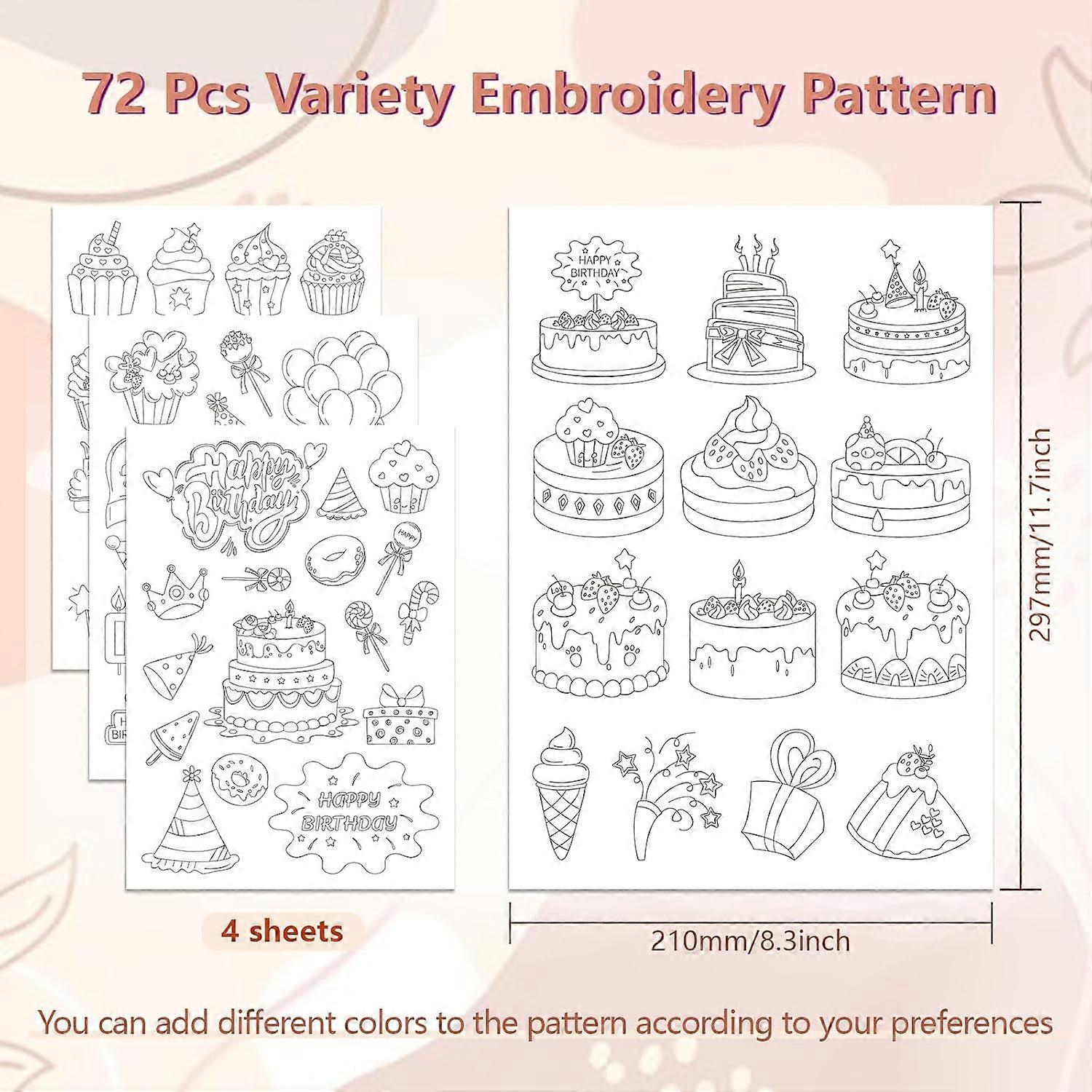 Water Soluble Embroidery Patterns for Beginners 4 Sheets with 72pcs Birthday Cake Patterns Wash Away Embroidery Pattern Stabilizer for Hand Sewing Lov