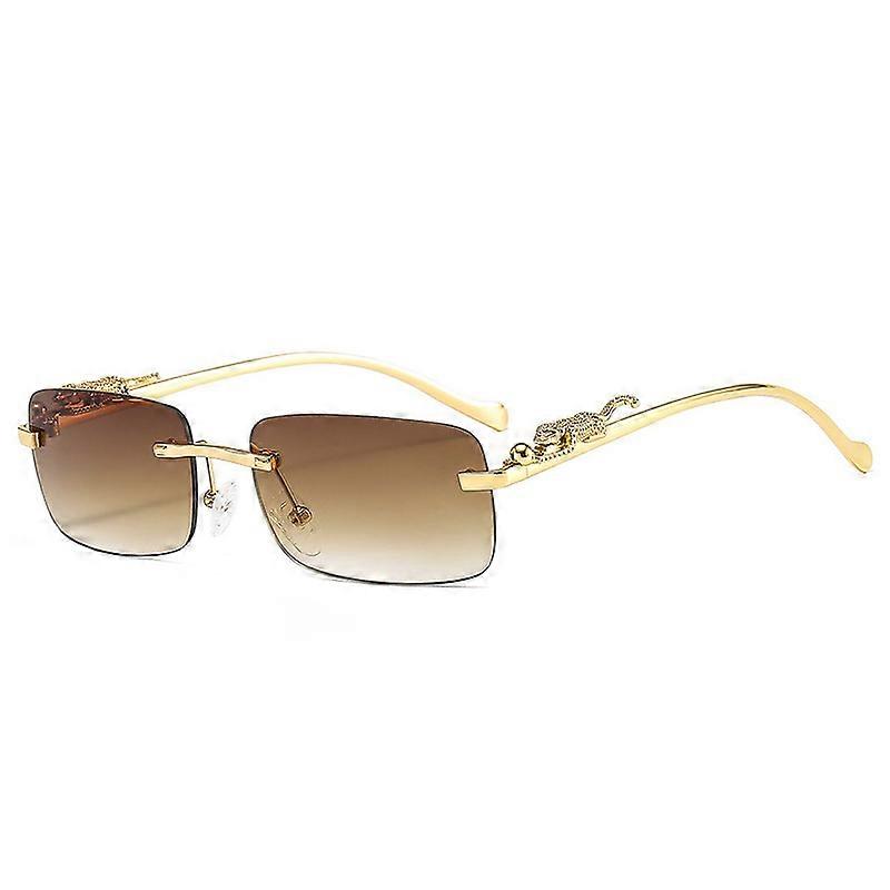SO&EI Fashion Rimless Rectangle Sunglasses Women Retro Cheetah Decoration Clear Ocean Lens Eyewear Men Sun Glasses Shades UV400