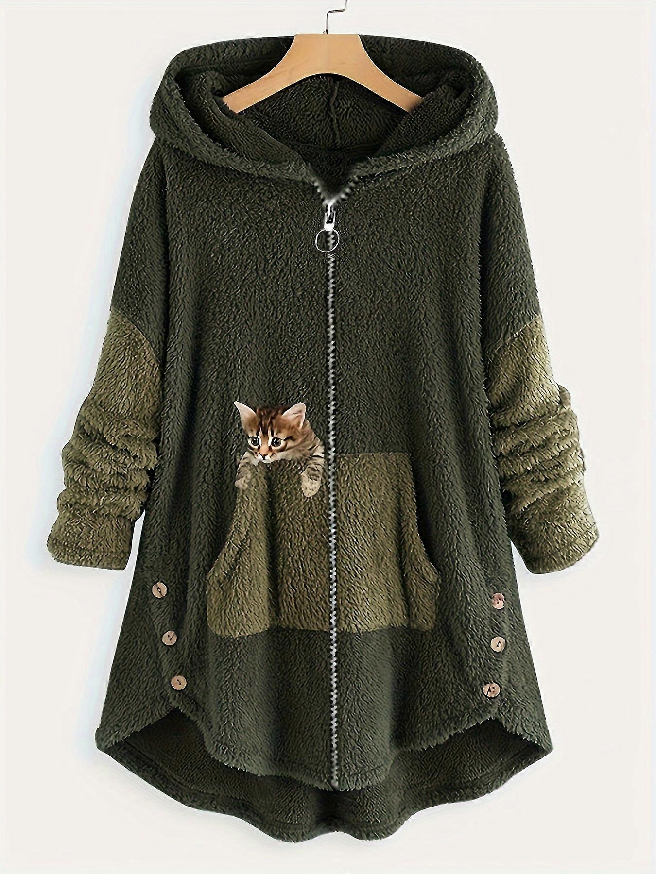 New style Women's Plus Colorblock Fluffy Zip Up Hoodie Coat, Women's Plus Long Sleeve Coat With Pocket