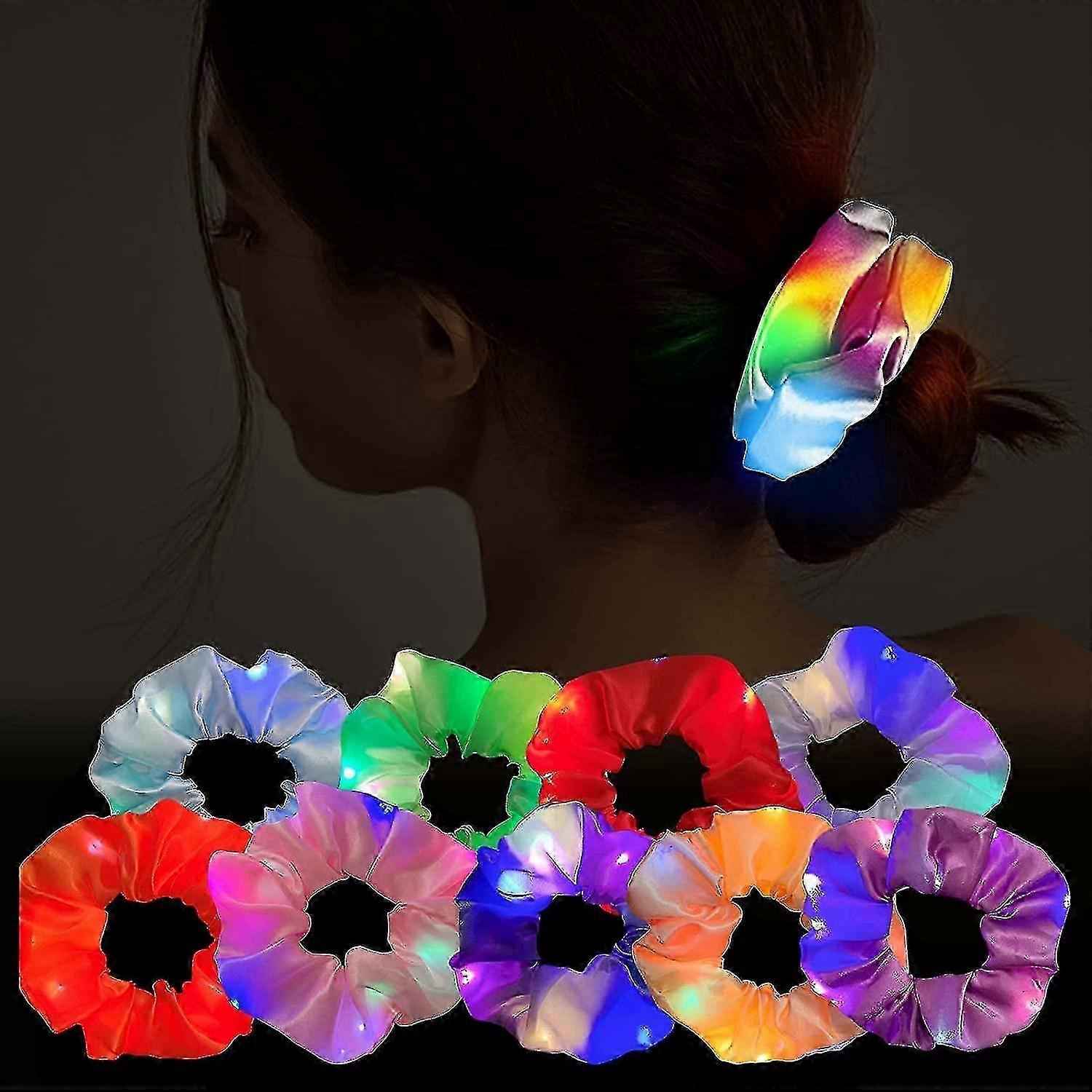 9 Pcs Led Light Hair Scrunchies Satin Elastic Bands Ties Ropes - 3 Colors Light Modes - JA