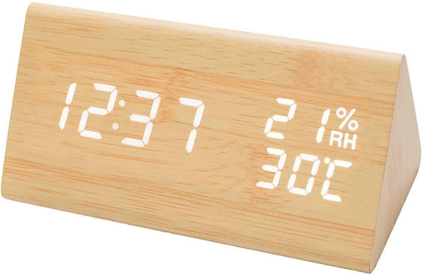 Digital Alarm Clock, Led Time Display Wooden Digital Desk Clock With 6 Levels Adjustable Brightness, Temperatu