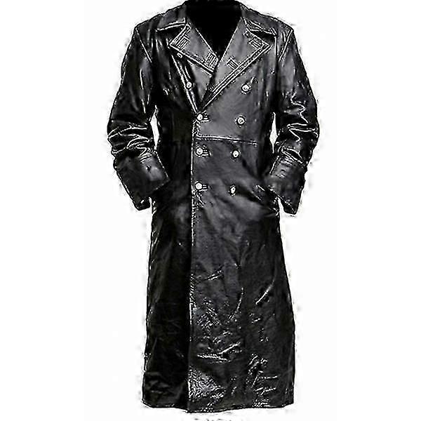 "Erkek Alman Klasik WW2 Askeri Üniforma Subay Siyah Gerçek Deri Trençkot"