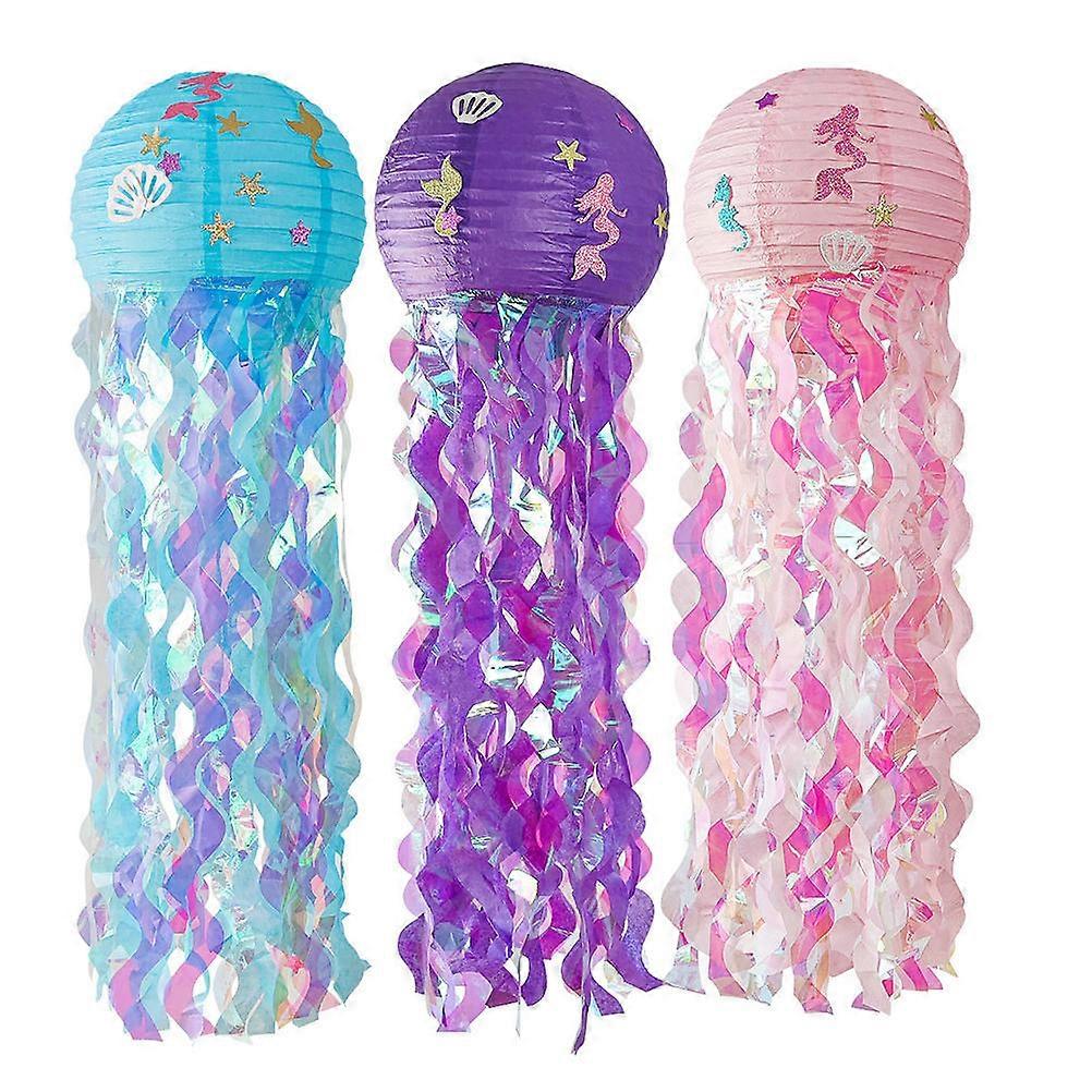 Hanging Jellyfish Shape Paper Lanterns Blue Party Layout For Indoor Decorations 30.00X30.00X90.00cm 3Pcs