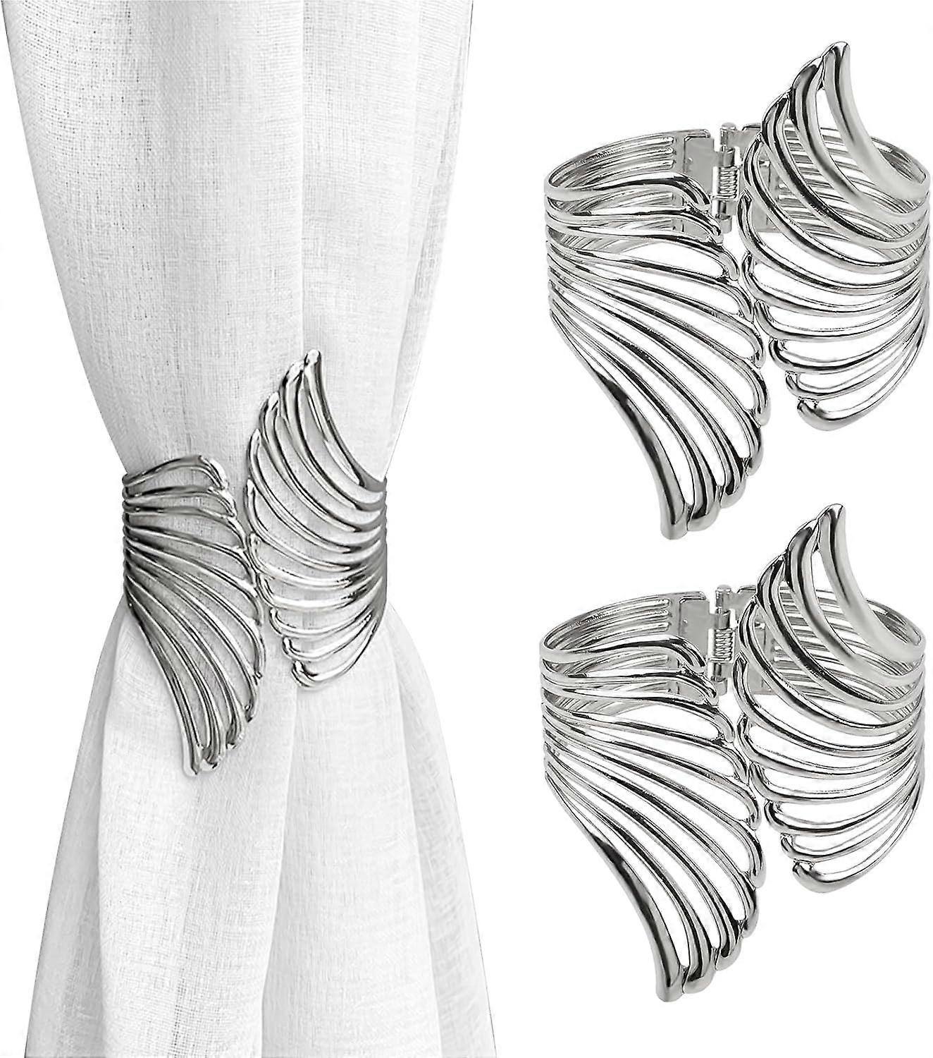 2 Pack Creative Curtain Tiebacks Zinc Alloy Spring Clasp Holdbacks for Home Office (Silver Hollow Wing)