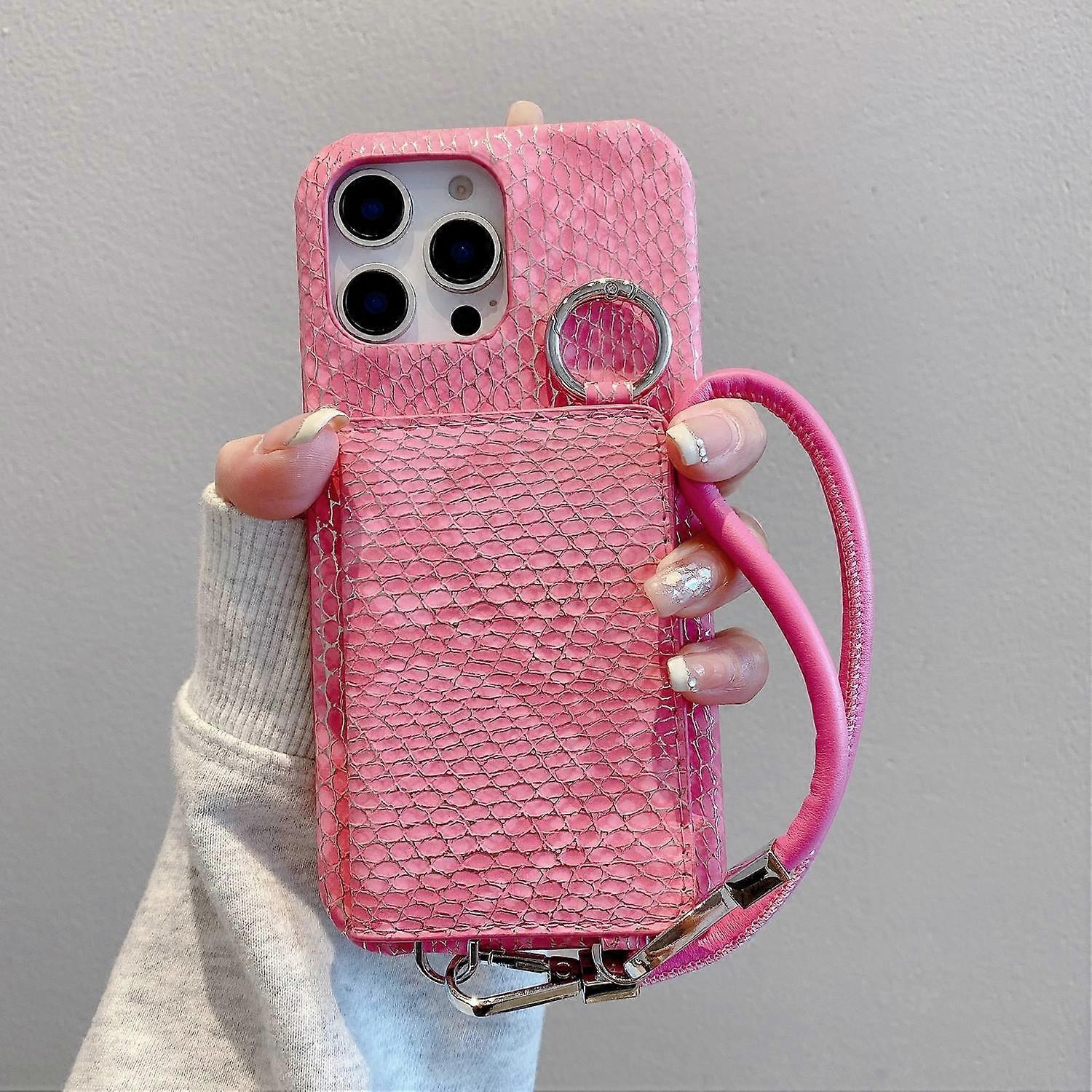 For iPhone 16 Pro Case Card Holder Mirror Snake Texture PU PC Back Cover with Lanyard