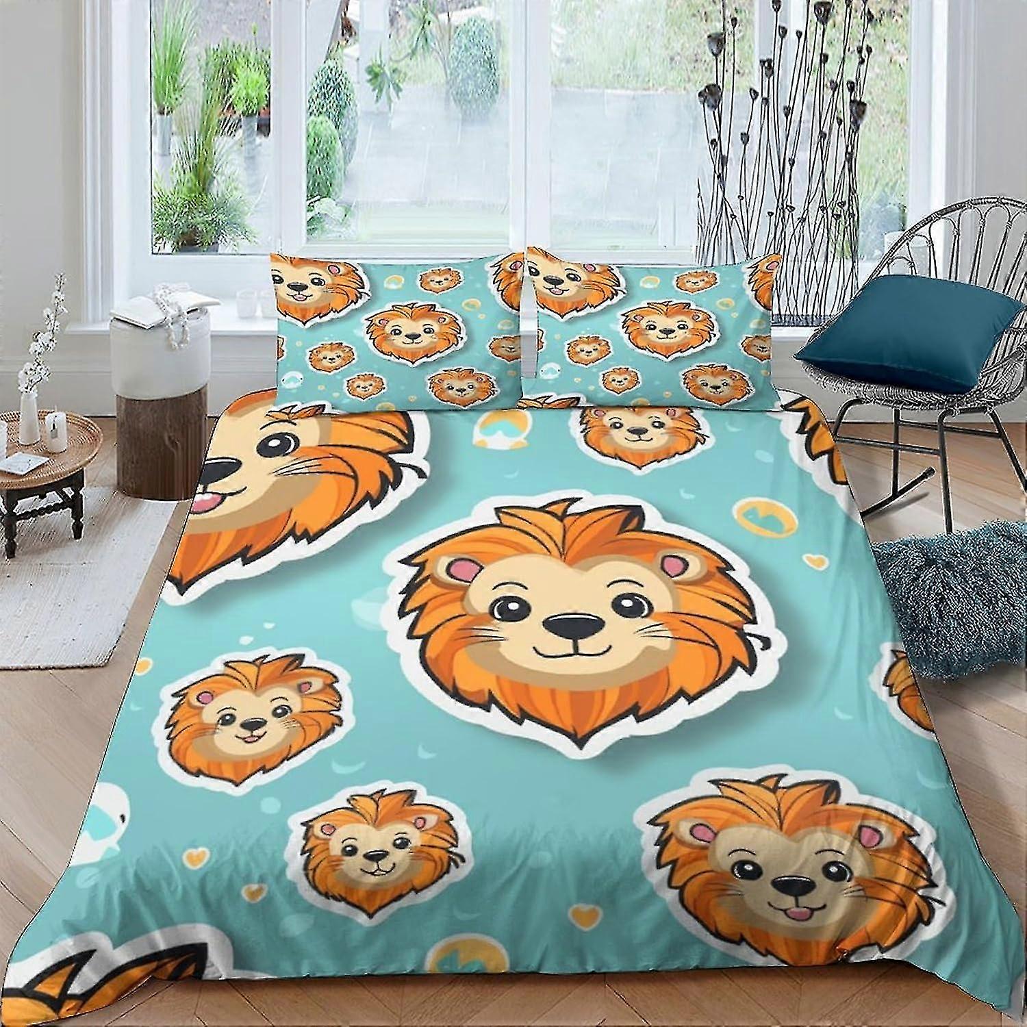 Cartoon Lion Bedrukte Eenzijdige Dekbedovertrek Sets 3 Stuks met Ritssluiting Kussenslopen Ultra Zachte Hypoallergene Microfiber Beddengoed Sets