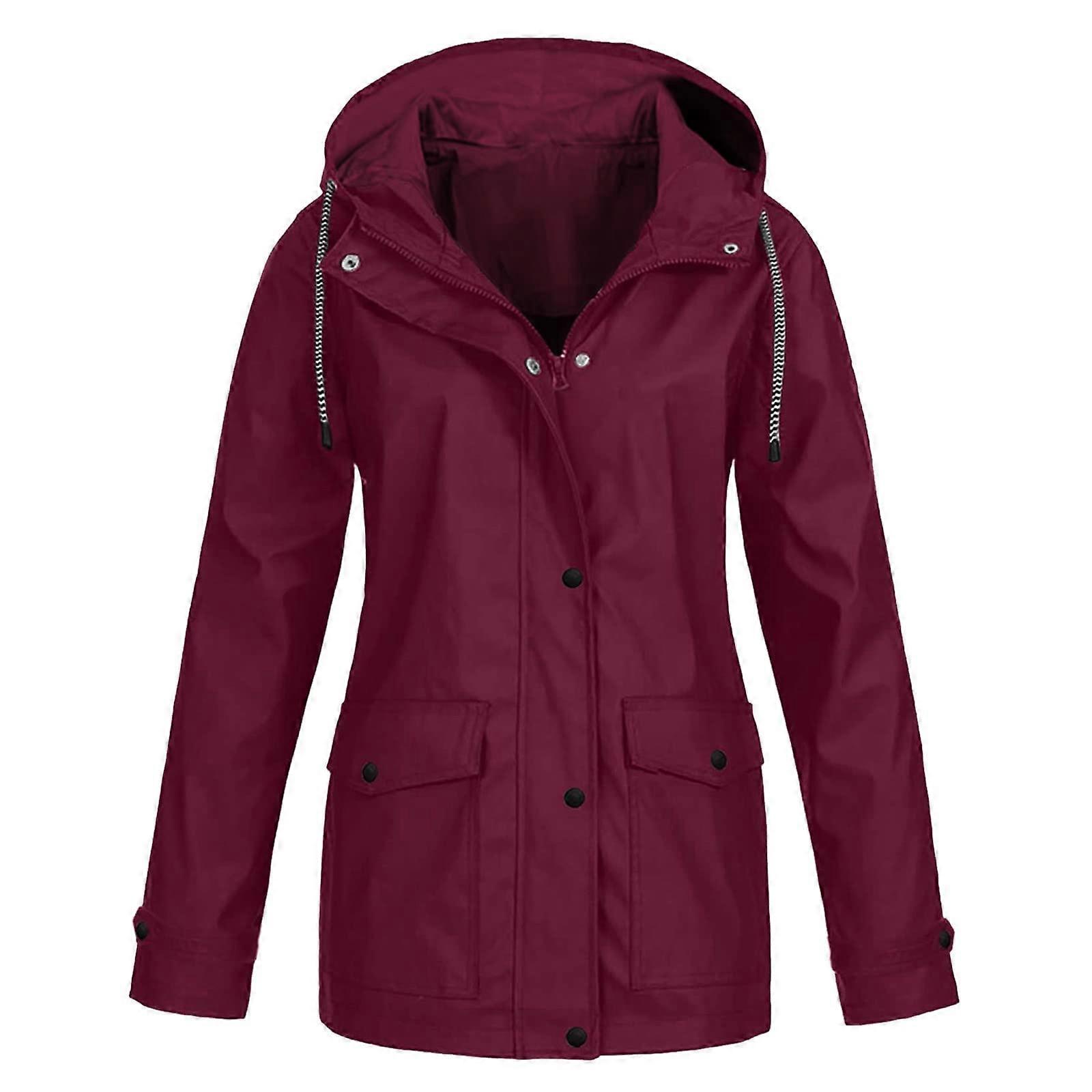 Women's Waterproof Lightweight Rain Jacket with Hood, Oversized Spring Autumn Windbreaker, Zip Softshell, Wine Red XL