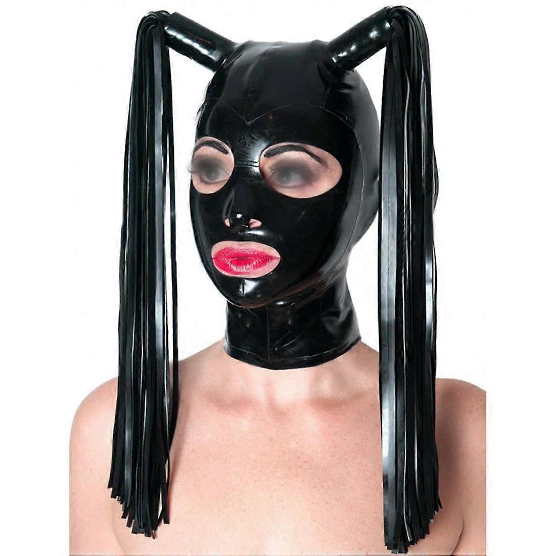 Latex Hood for Women Rubber Full Coverage with Double Wig Black Red Trim Latex Face Mask H 32