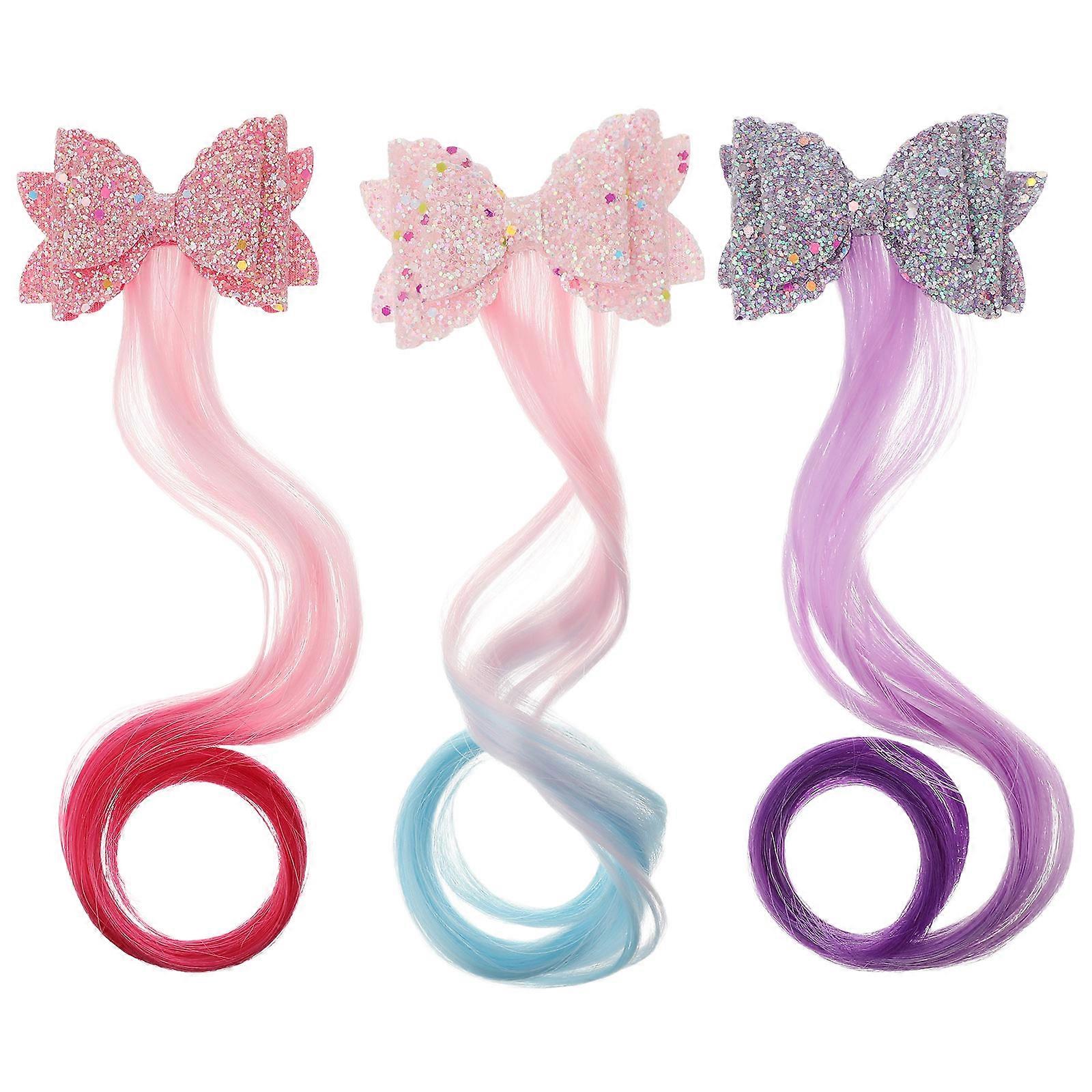 Hair Extensions Clips Party Headpieces Glitter Bow Design Assorted Colors Curly Extensions 3Pcs