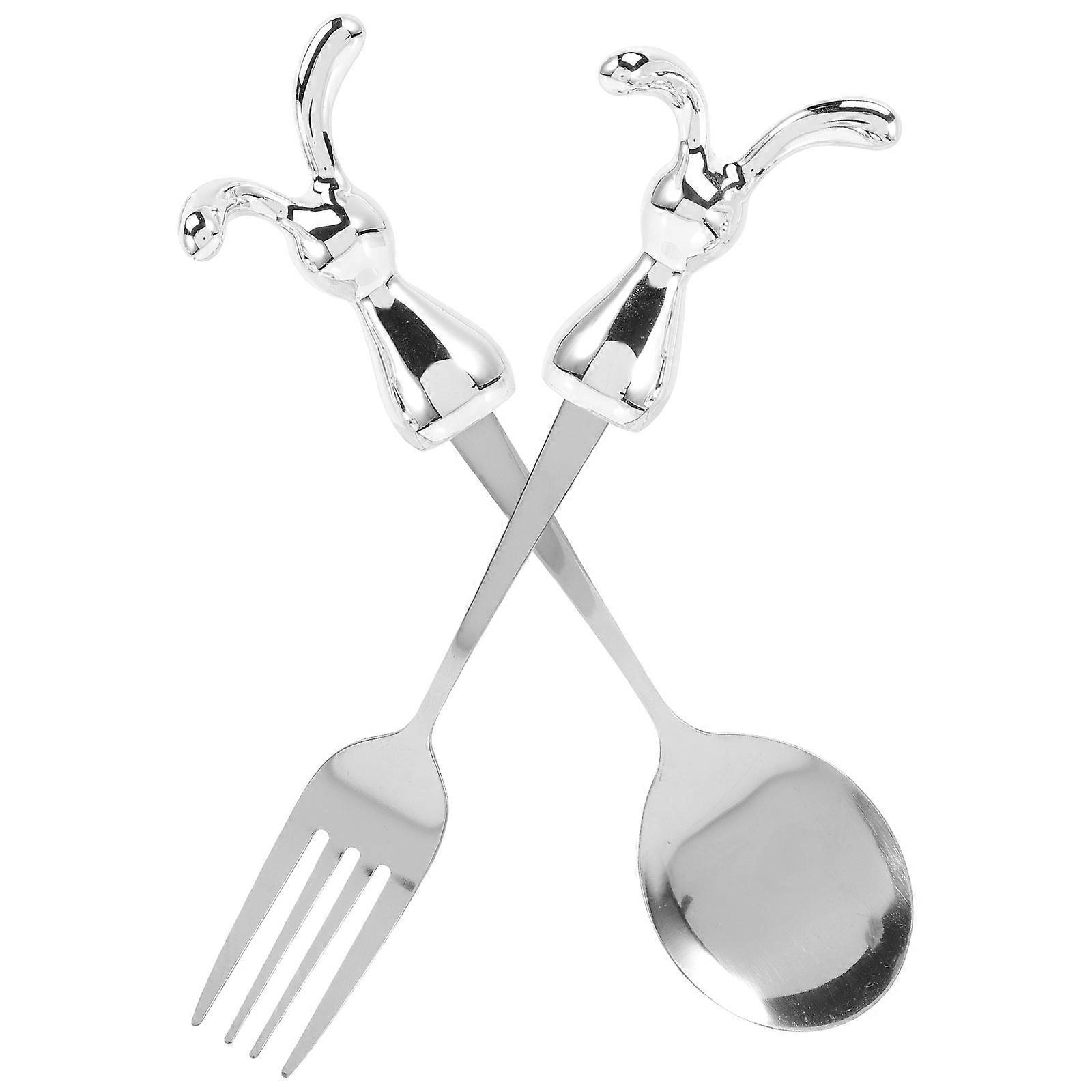 2pcs Rabbit Tableware Soup Spoons Salad Forks Toddler Eating Utensils Rabbit Cutlery Dessert Fork Mini Teaspoons Easter Bunny Spoon Child Good