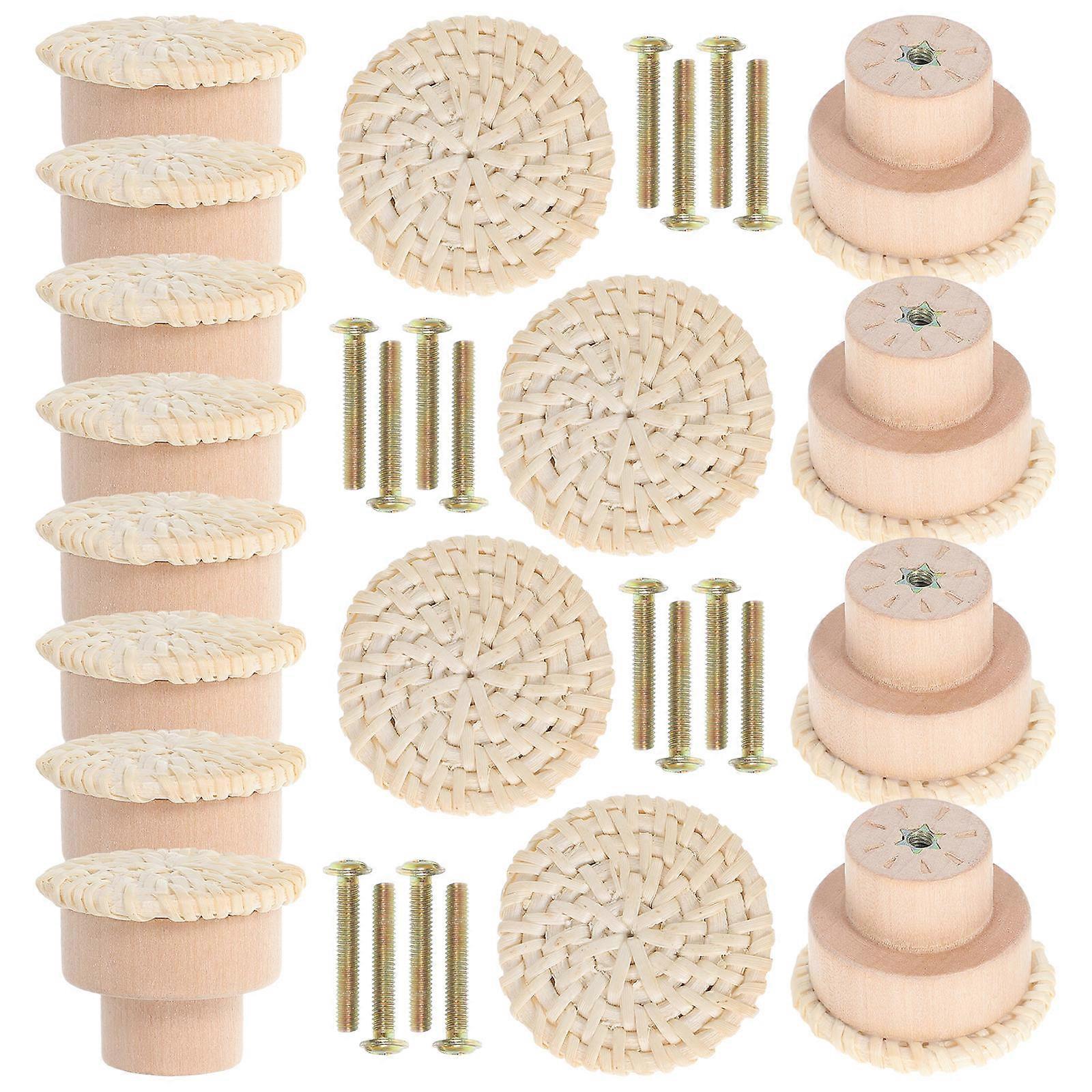 Rattan Dresser Drawer Handles 16Pcs Round Wood Knobs Classic Bohemian Style For Home Decor Easy Installation