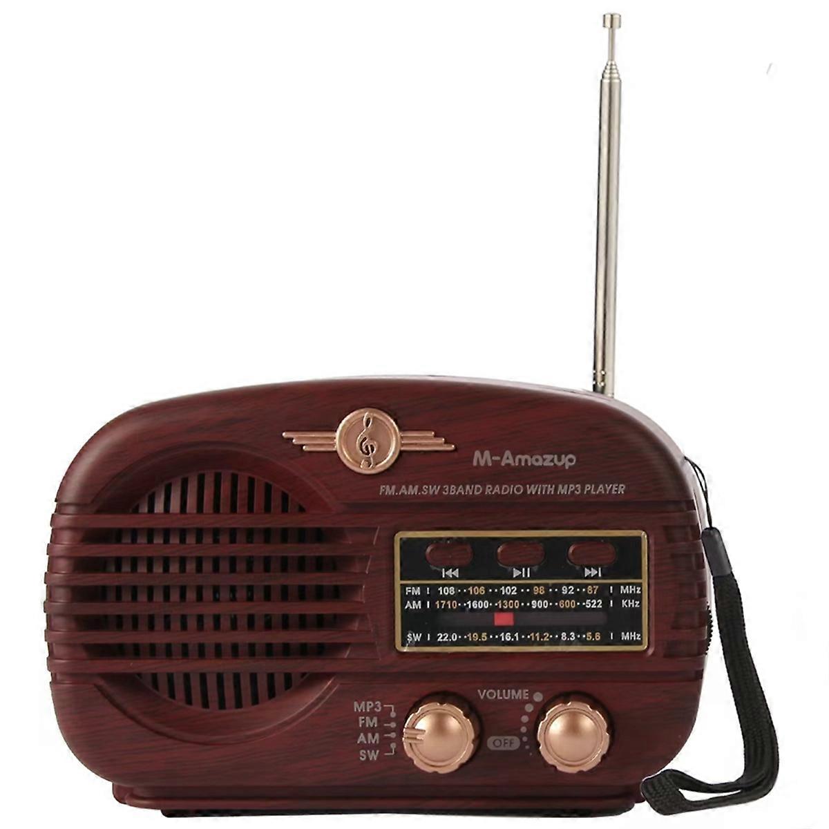 Retro Bluetooth Radio, Portable Radio AM FM Transistor Battery Operated Radio USB Music Player Dark Brown