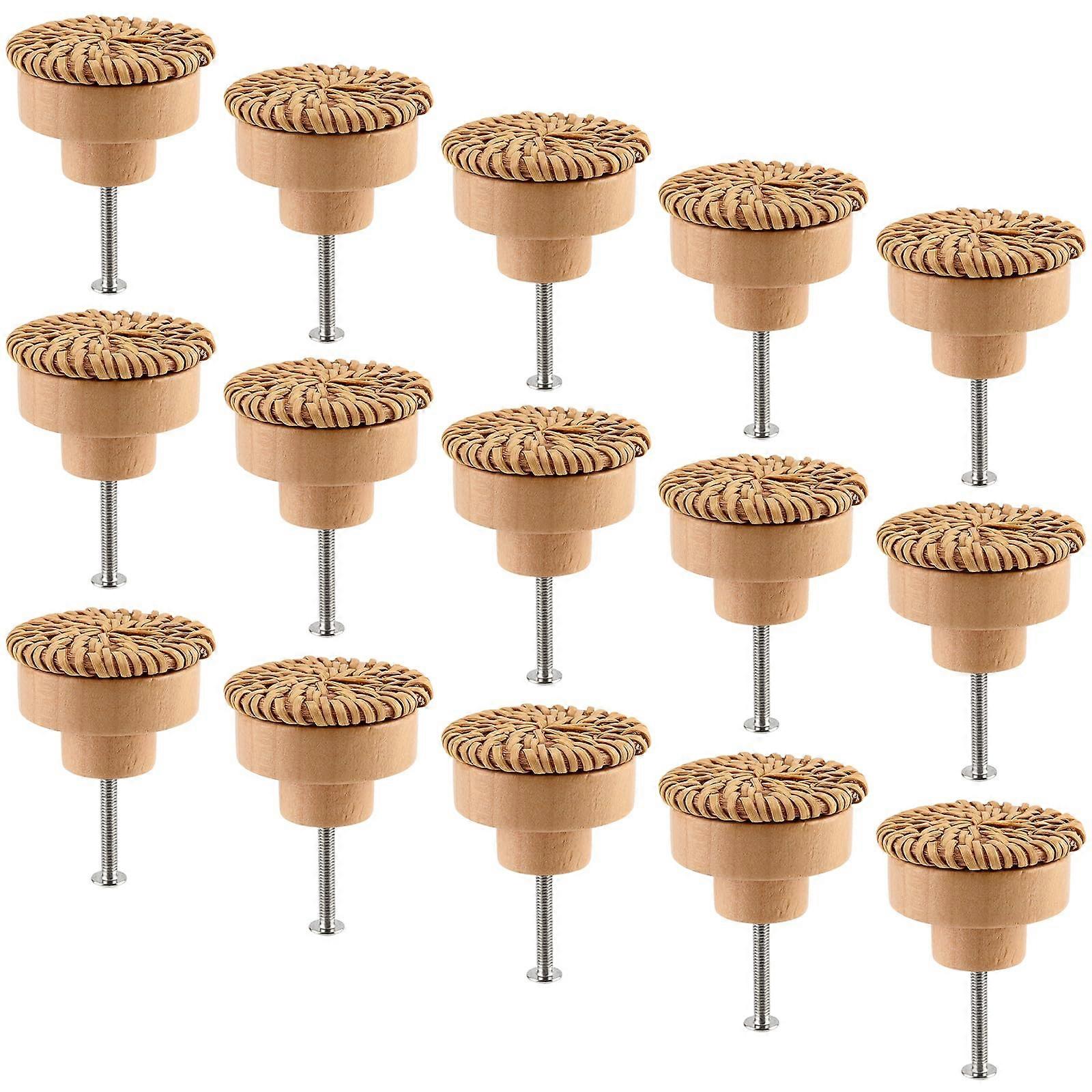 15 pieces rattan drawer handles, 40 x 30 mm wooden knobs with screws, boho