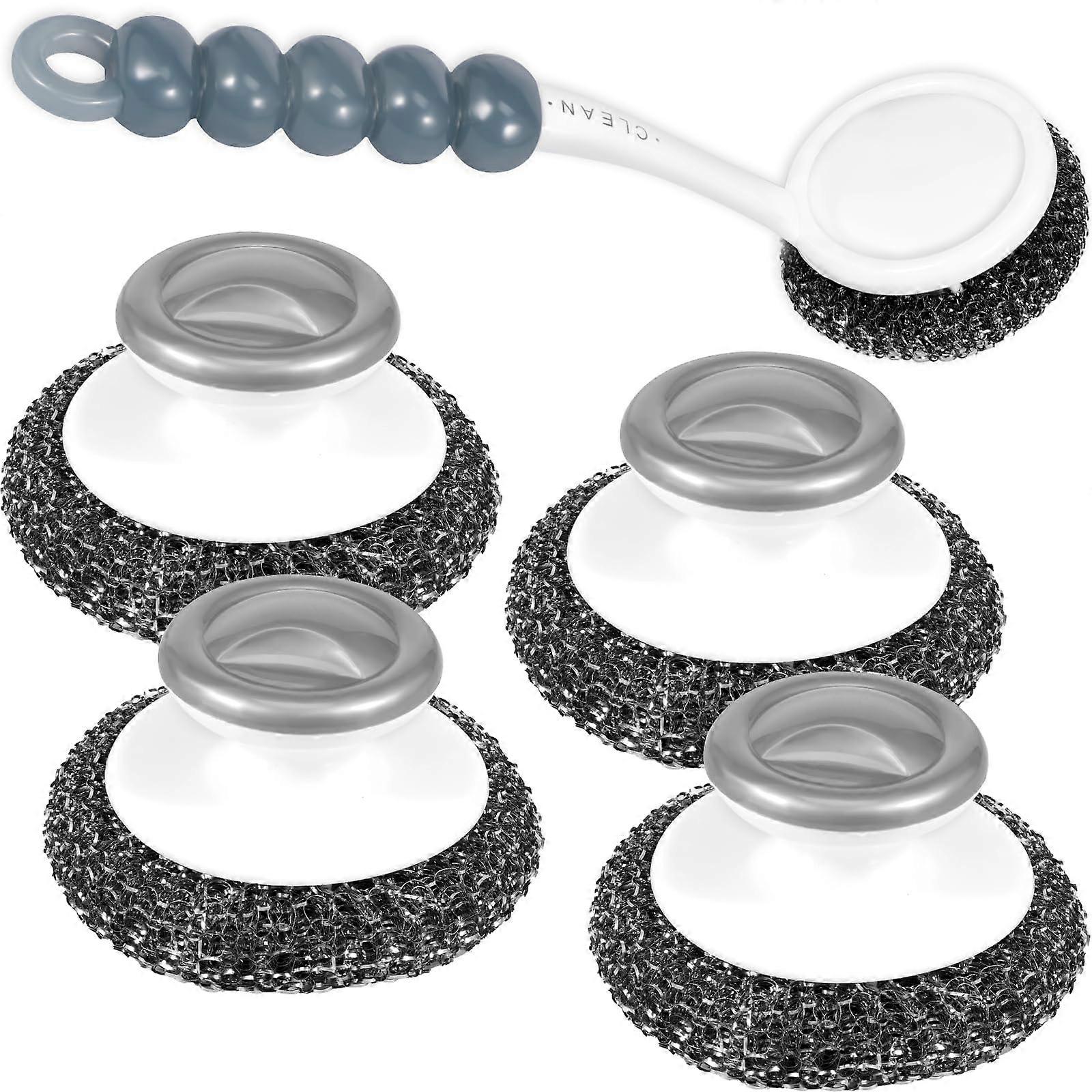 Stainless Steel Scourer Metal Scrubber with Handle Rustproof Cleaning Pads Portable Dish Scrubber for Kettle and Cookware