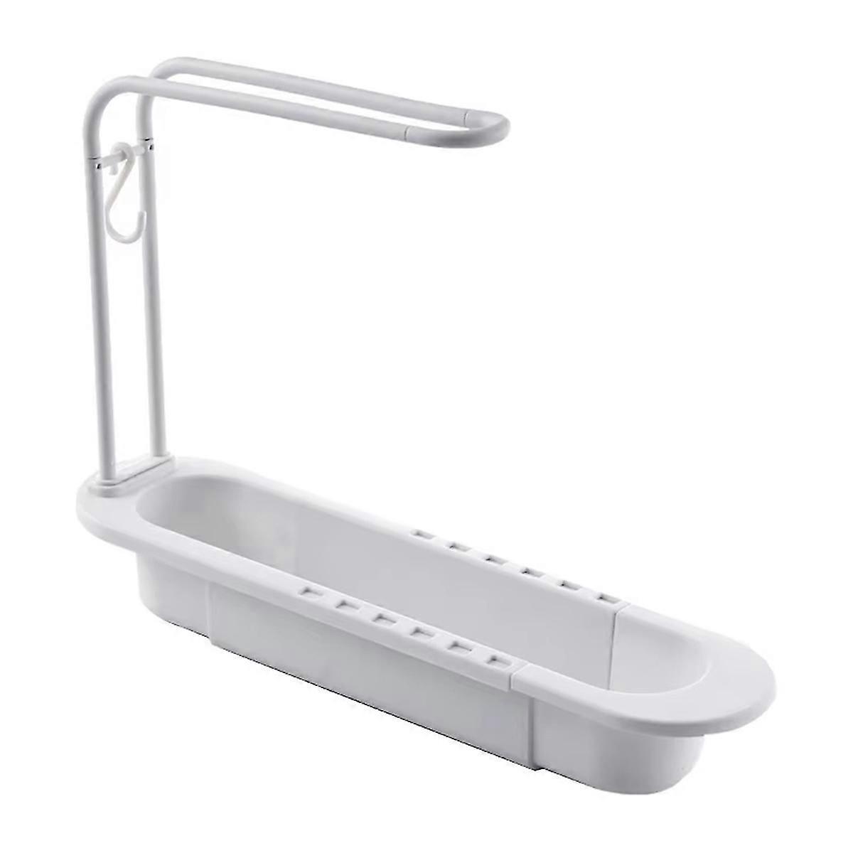 Telescopic Sink Shelf, Water Draining Rack with Soap Sponge Holder, Towel Bar, Kitchen Storage Organizer Basket