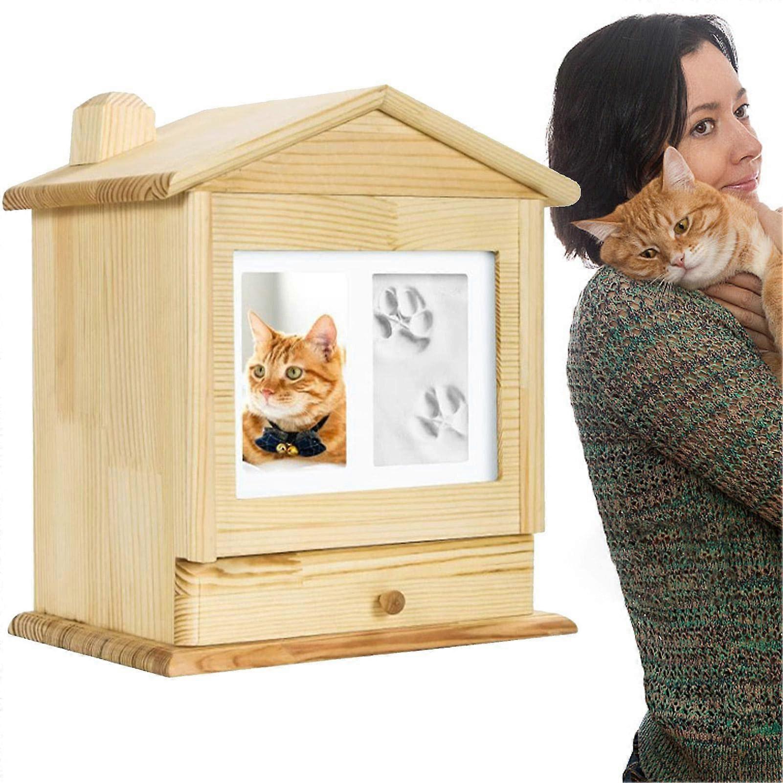 Pet Urns for Dogs Ashes | Handmade Wooden Pet Memorial Keepsake Box with Photo Frame and Paw Impression Kit