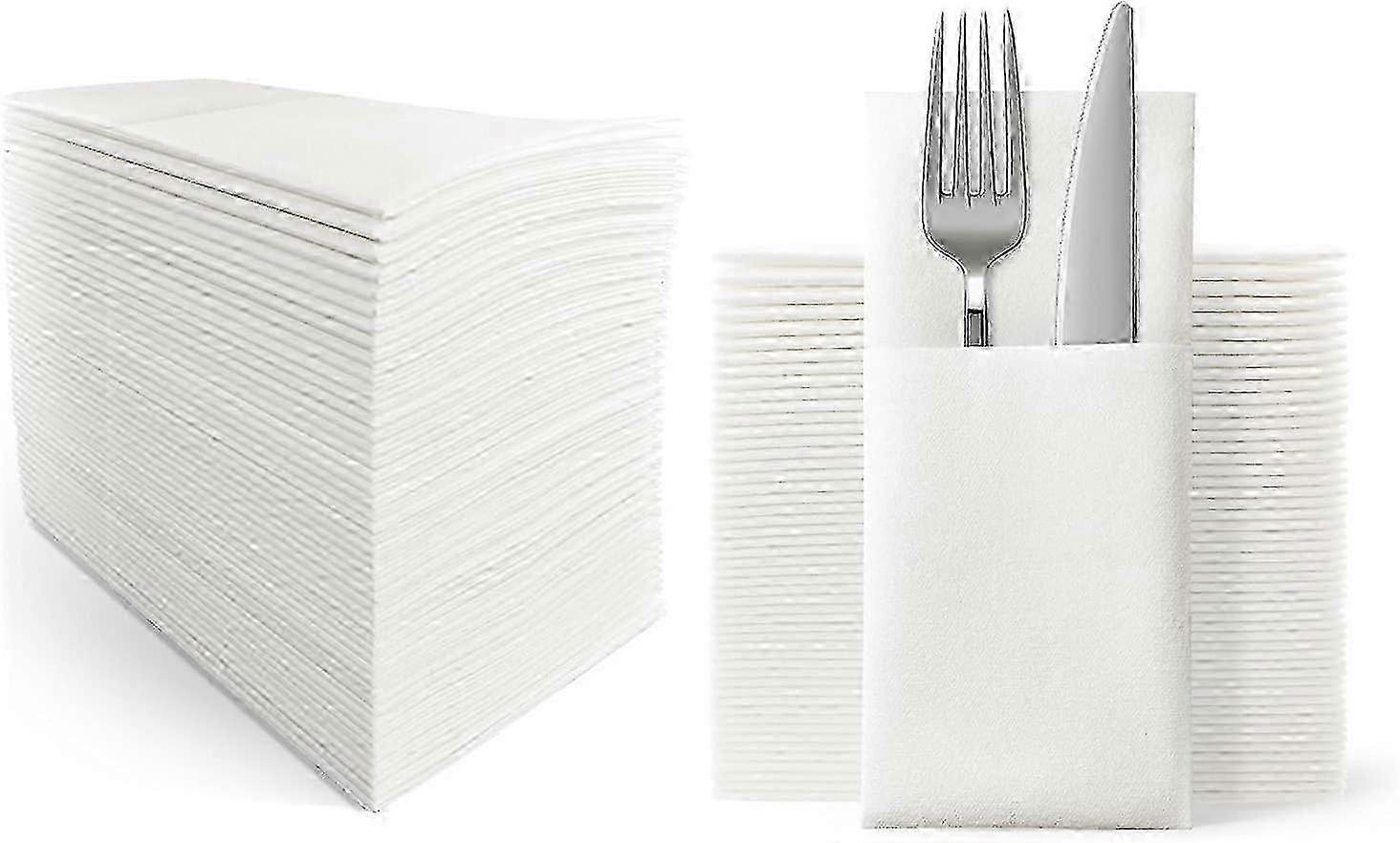 Disposable Cloth-Like Dinner Napkins with Flatware Pocket, White Prefolded Napkins for Silverware, 50-Pack