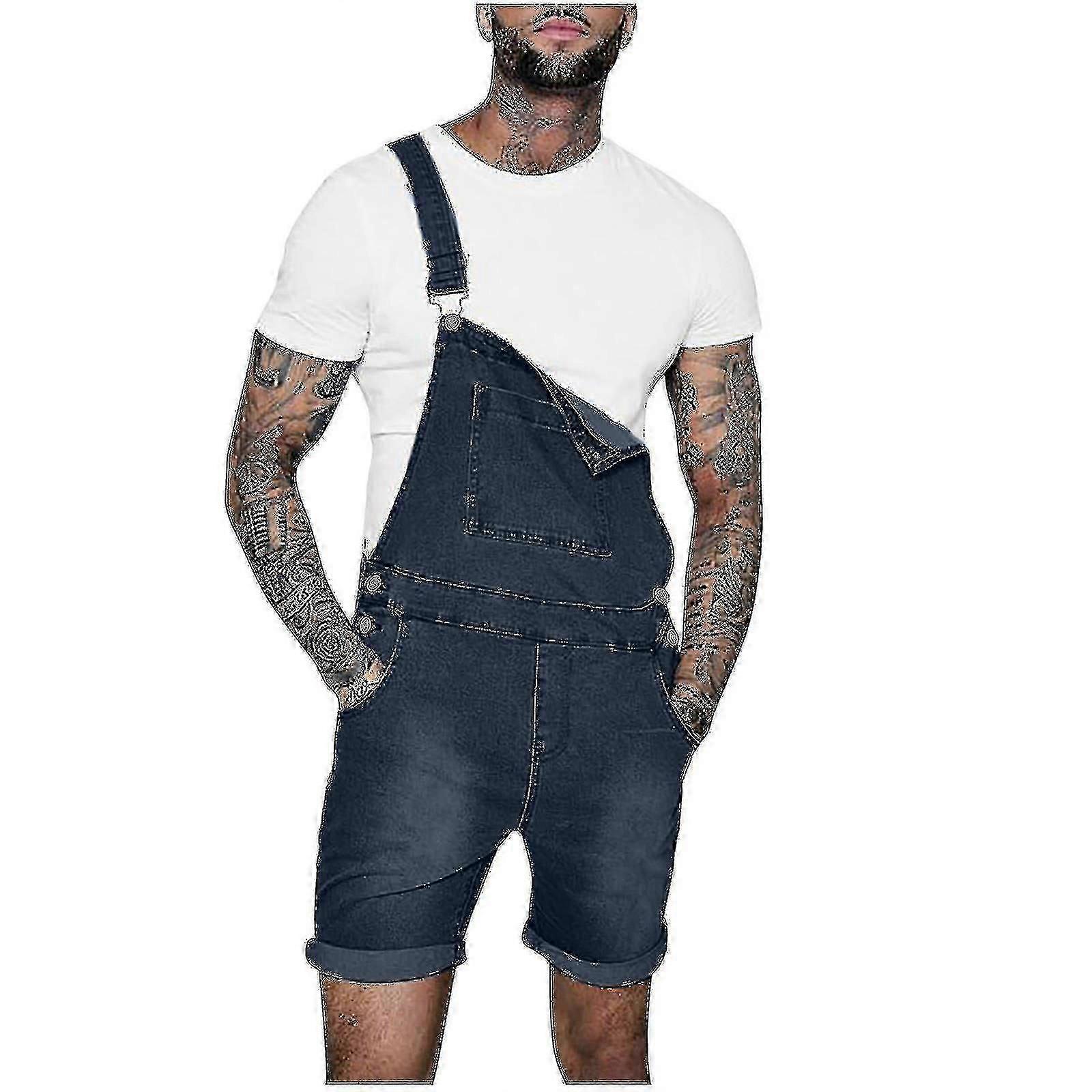 Erkekler Casual Moda Katı Göğüs Cep Denim Şort Düz Tip Tulumlar - B