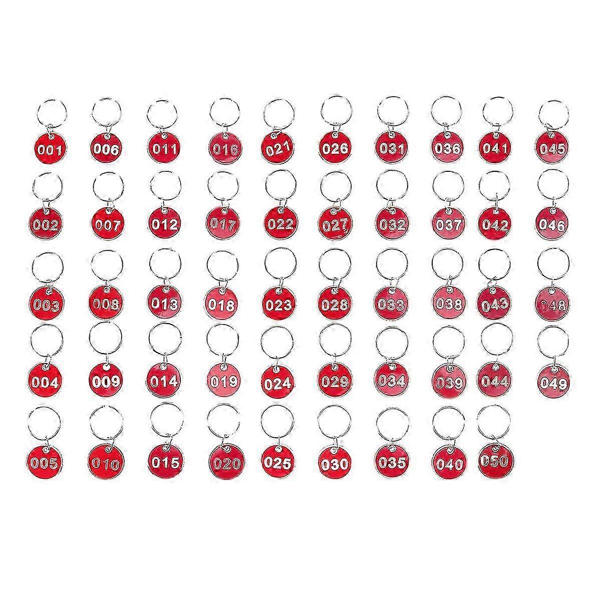 50pcsアルミニウム合金ストレージタグメタルナンバープレートラゲッジIDタグキーホルダーラベル(赤、番号1-50)