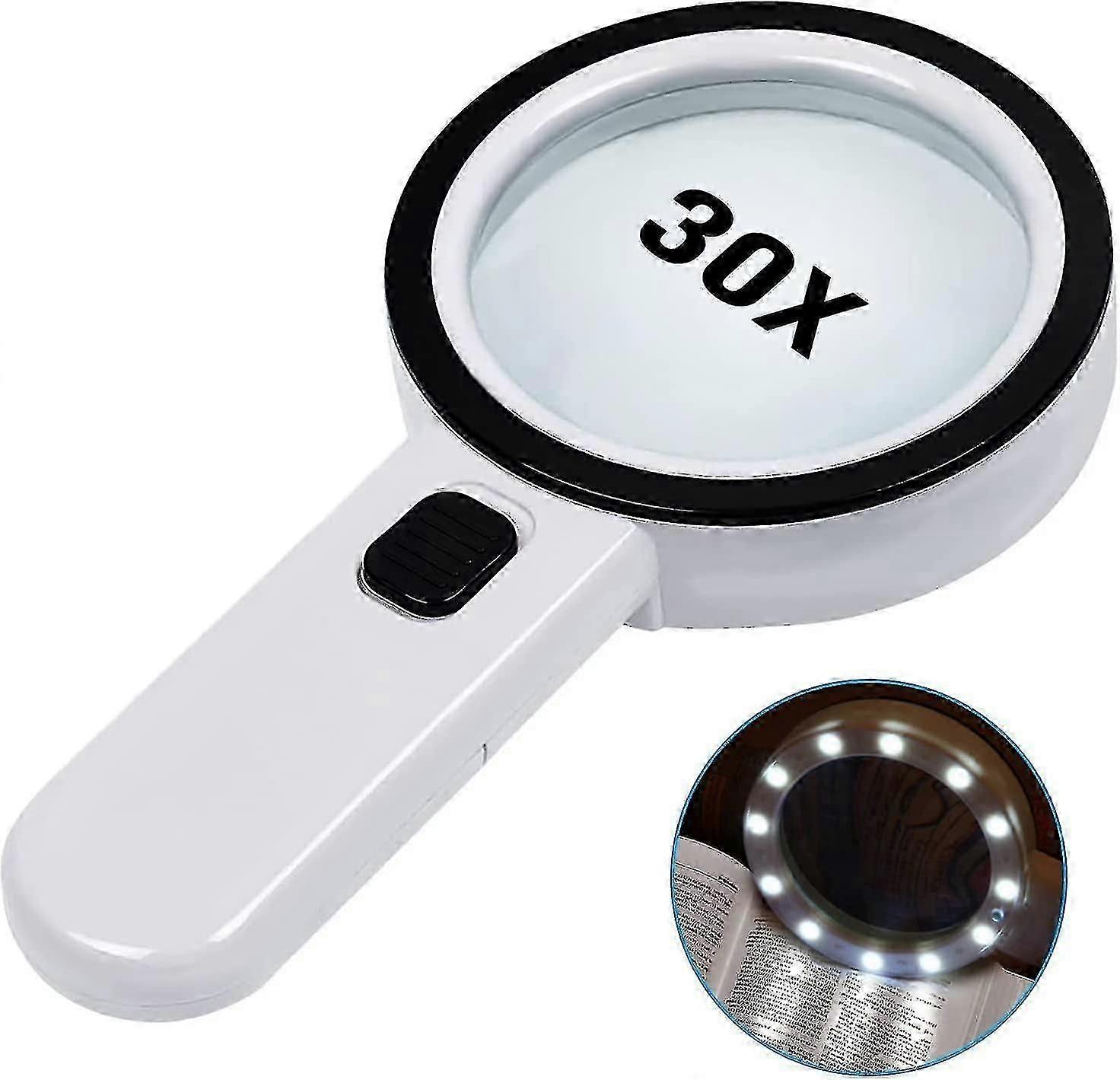 Reading Magnifier, 30x Magnification with 12 LED Lights - Lighted Reading Magnifier for Seniors - for Reading, Coins, Stamps, Maps, Inspection