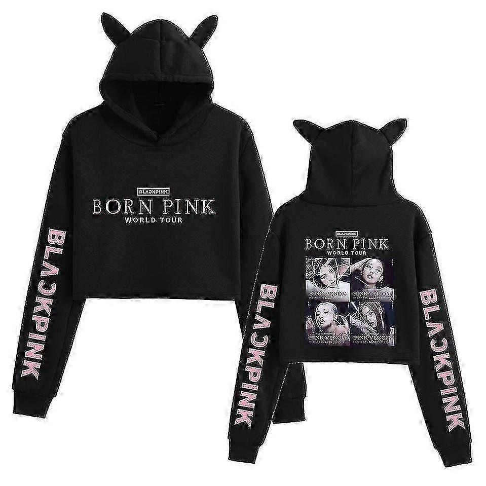 שחור ורוד קוריאני קבוצה היקפי מודפס מזדמן טבור חשוף חתול אוזניים סווטשירט עבור בנות -CHA