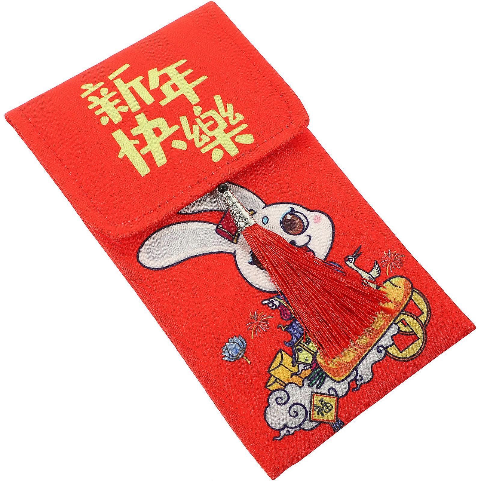 Red Cloth Money Pouch for Storage with Traditional Rabbit Pattern