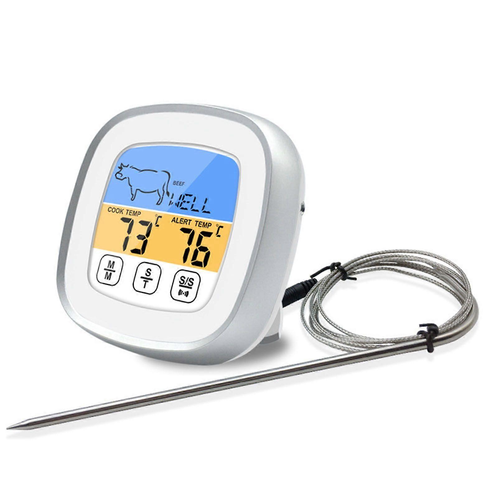 Digital Timer Thermometer Touch Screen Stainless Steel Meat Thermometer for Kitchen BBQ White