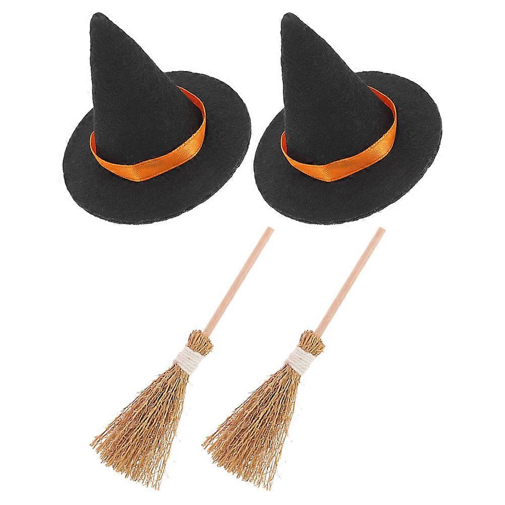 Miniature Witch Hat Broom Decoration for Halloween 4Sets