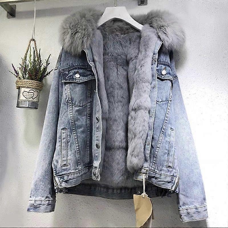 Veste en jean pour femme avec grand col en fourrure, courte, style coréen, ample, doublée de polaire, en coton épais, élégante, pour les déplacements, collection hiver 2025