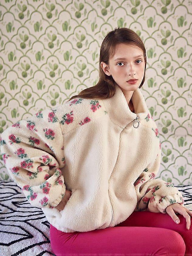 Women's Fashion Loose Fleece Floral Patchwork Zipper Lapel Lamb Wool Coat