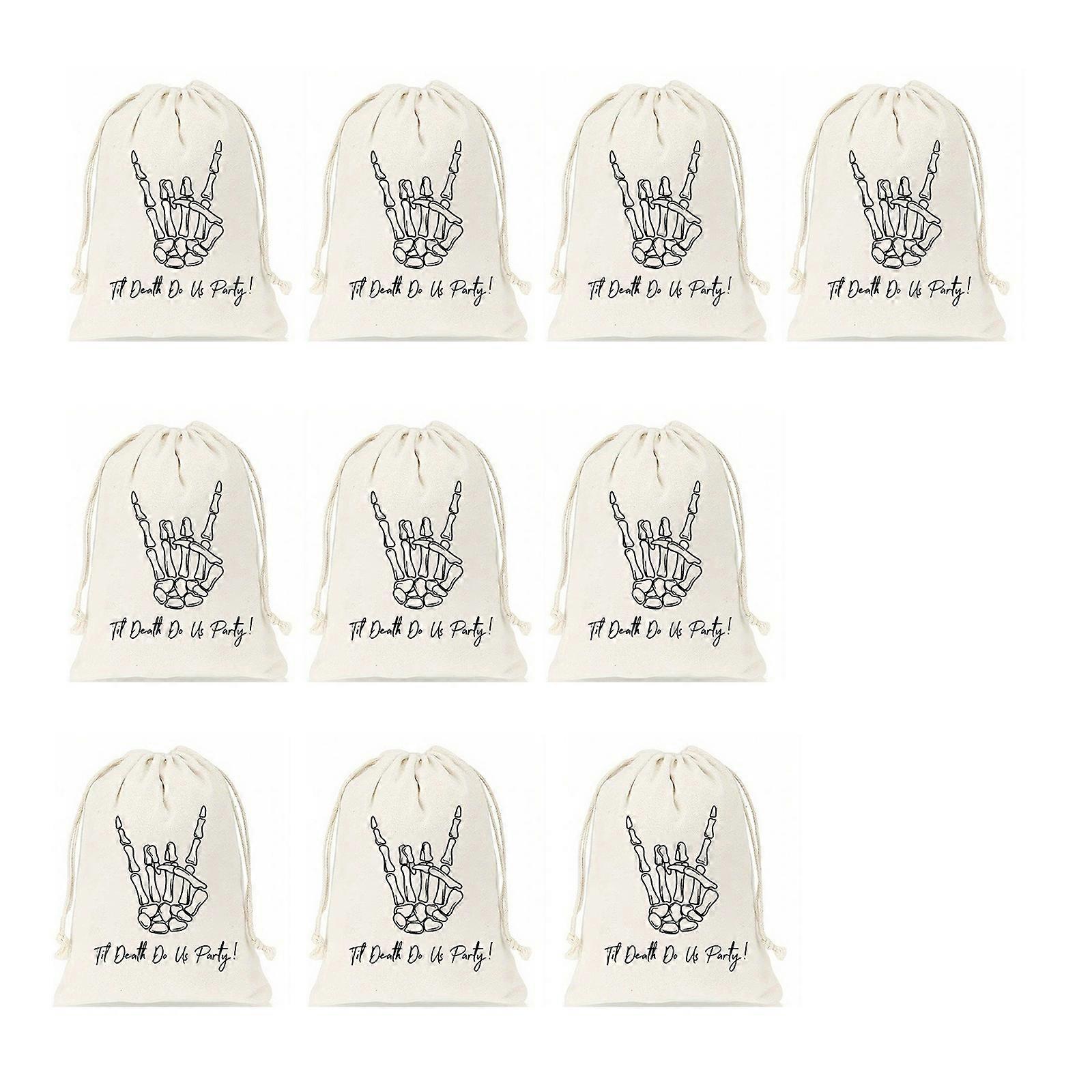 10Pcs Practical Halloween Skull Pattern Linen Storage Bag Easy Access Drawstring for Home Celebration Accessories  White