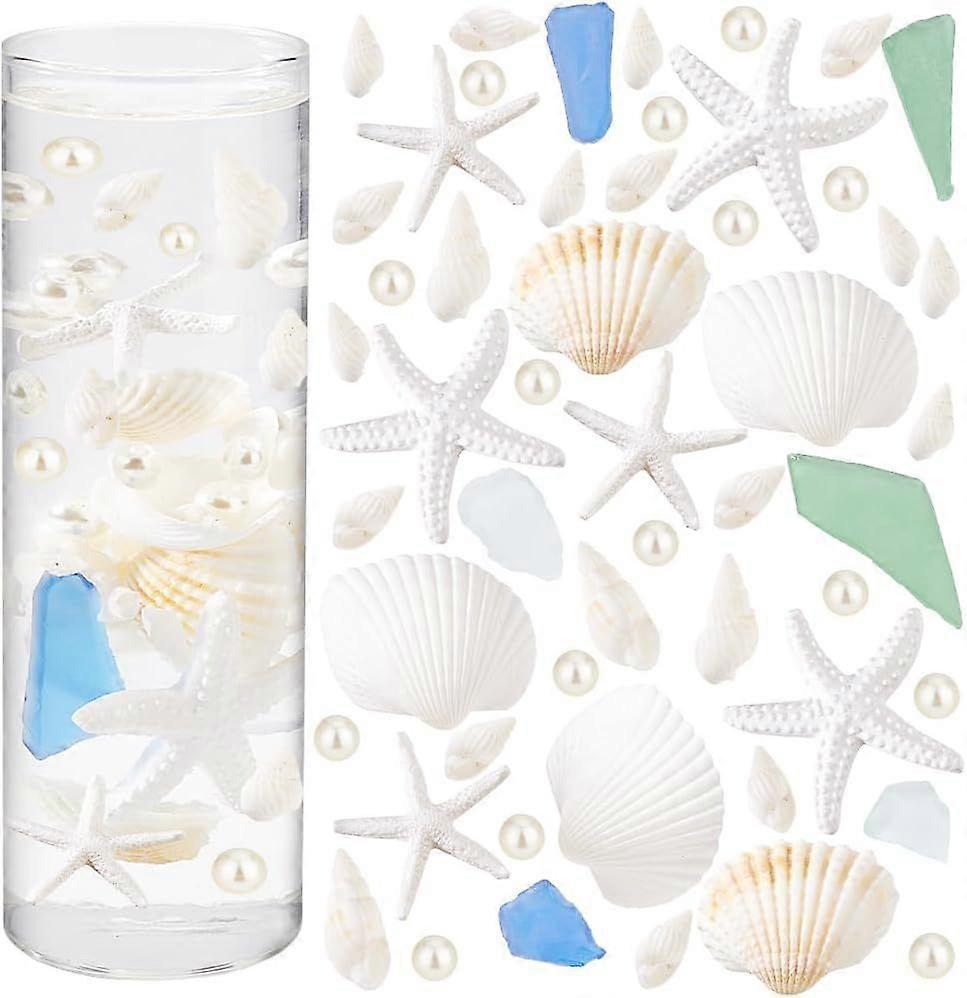 313pcs Mixed Seashell Vase Filler Floating Beads Natural Sea Shells Conch Starfish Pearl Seashells Crafts Frosted Glass Block for Table Scatter Weddin