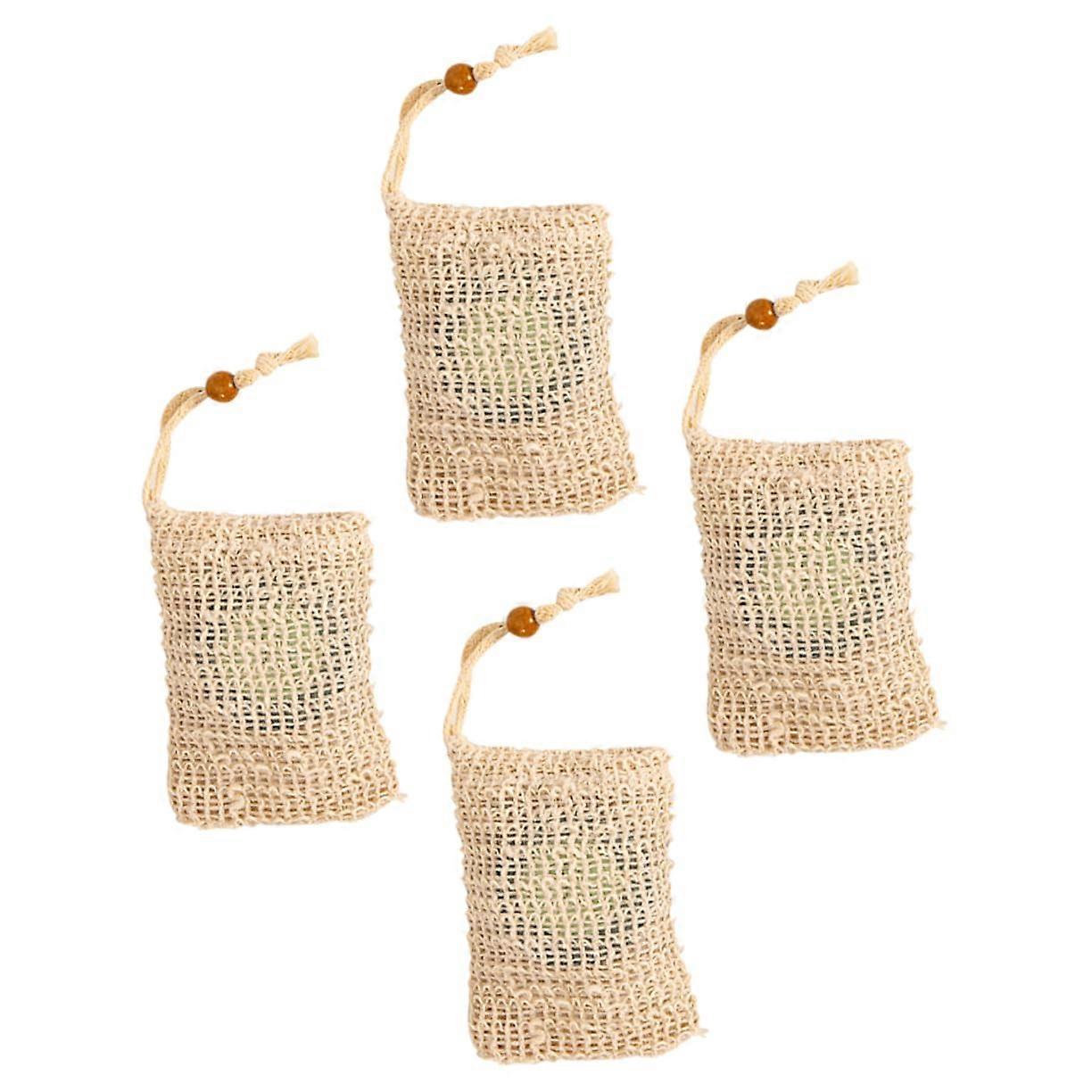 4PCS Natural Sisal Soap Saver Bags with Drawstring for Exfoliating and Quick Drying in Shower