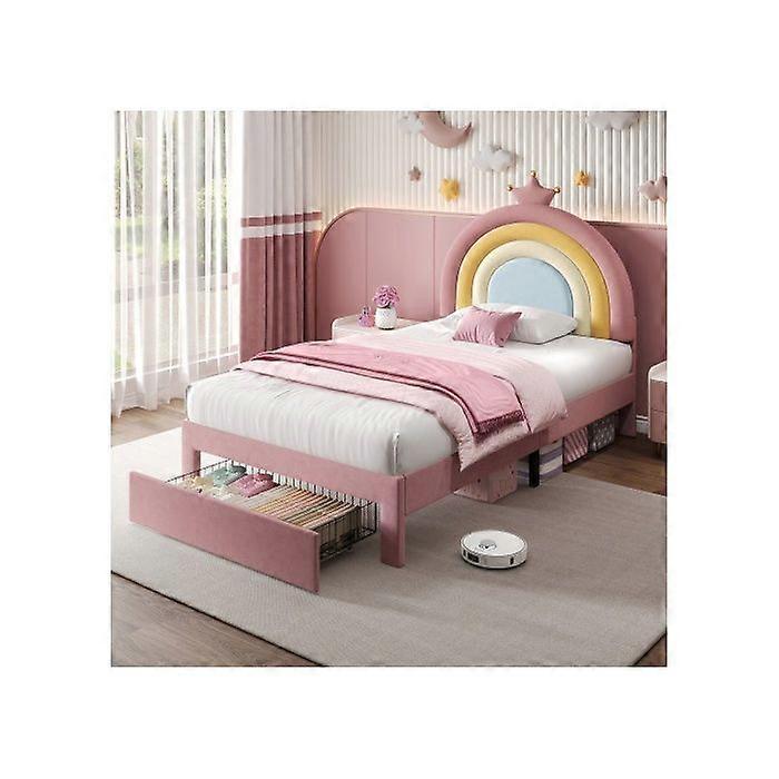 Simple 91 cm wide padded bed, no need for a box spring, easy assembly, pink (mattress not included)