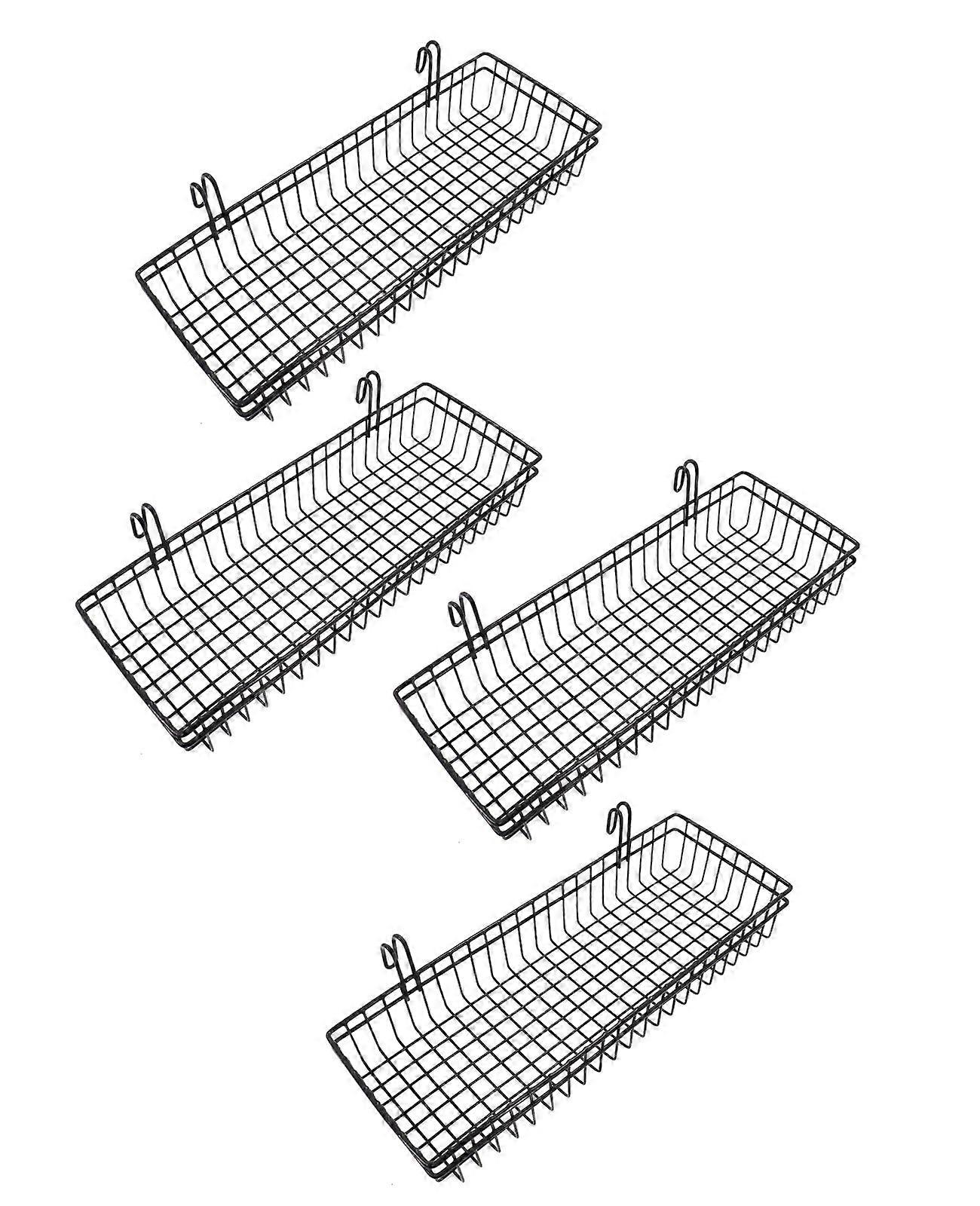 4 Pack Black Grid Wall Baskets with Hooks, Wire Wall Shelf Organizer for Kitchen and Bathroom Storage