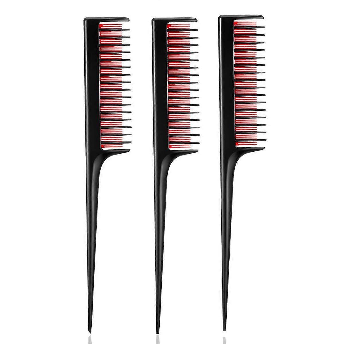 Triple Tooth Teasing Comb Set with Rat Tail Handle for Volume and Precise Sectioning, 8 Inch, 3 Pack