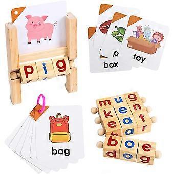 Wooden Reading Blocks Vowel Spelling Game for Toddlers, Rotating Letter Puzzle with Flash Cards, Christmas Birthday Gifts for Boys Girls