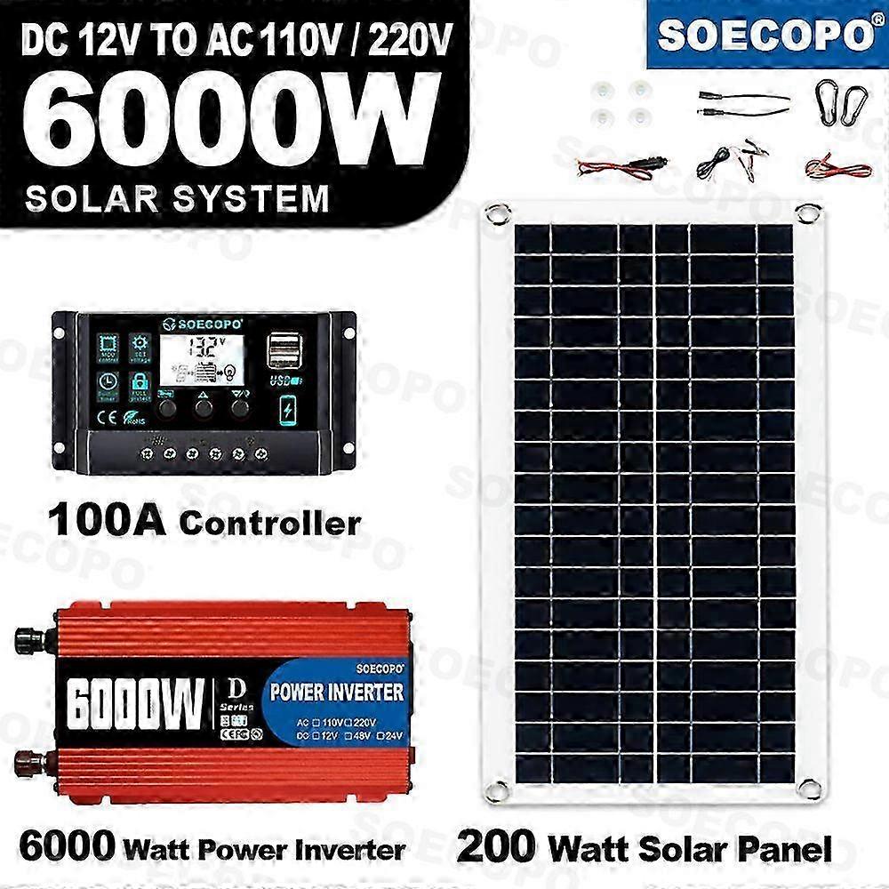 6000W Off-Grid Solar System Complete Kit, 12V to 220V, 100A Controller, 200W Panel