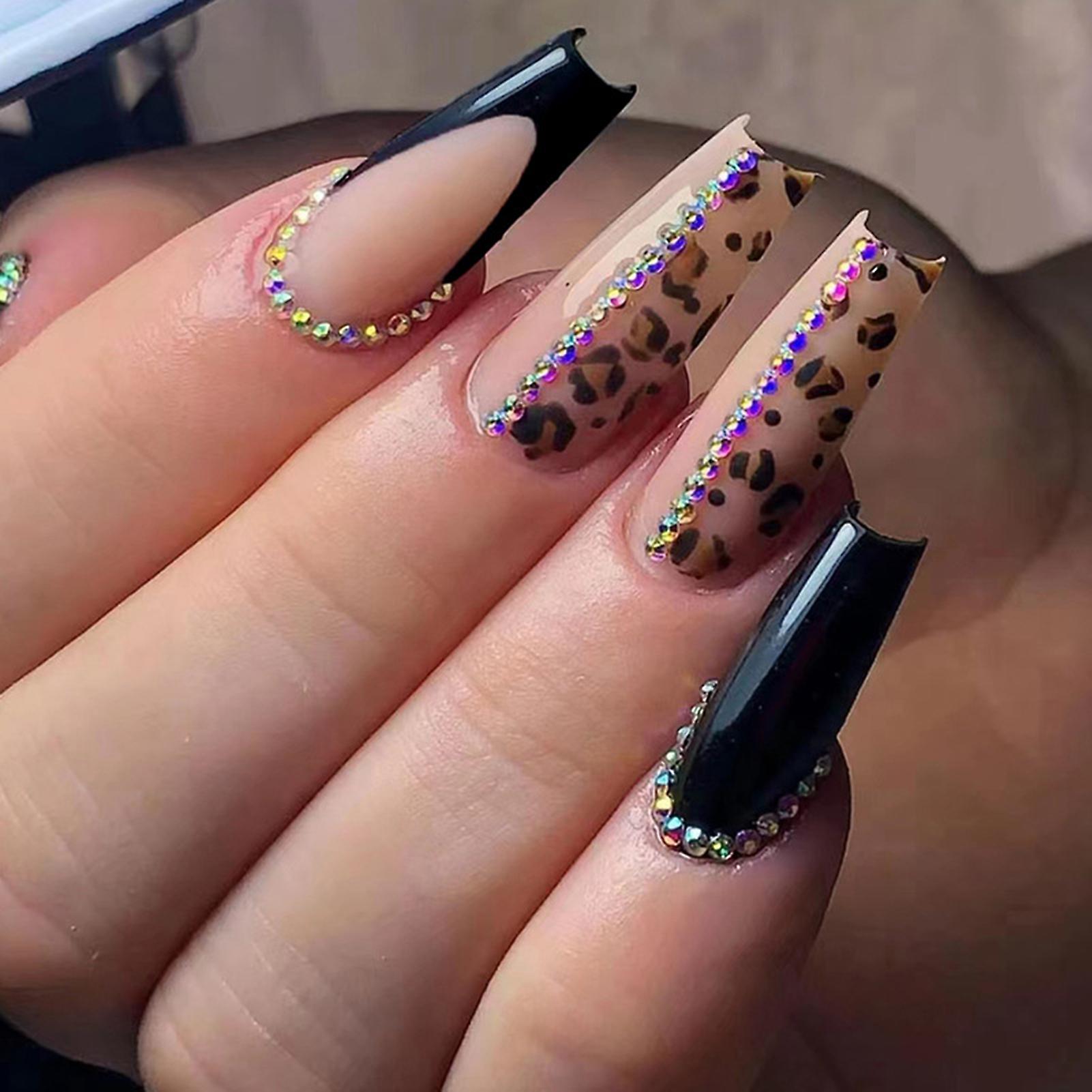 Black Long False Nails With Colorful Rhinestones Full Cover Square Artificial Nail Tips
