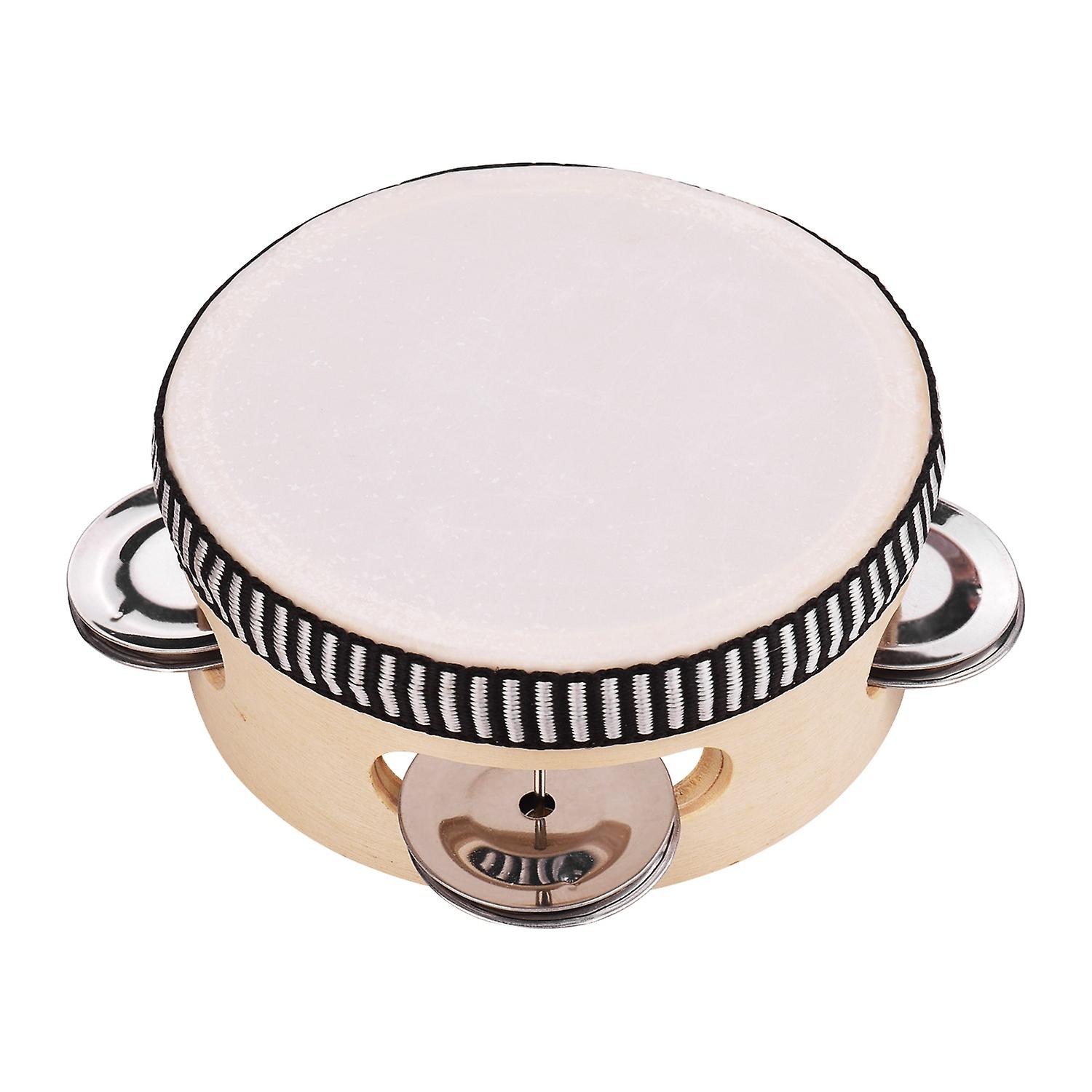 4 Inch Wooden Hand Tambourine with Metal Single Row Jingles Polyester Drum Skin Tambourines Entertai