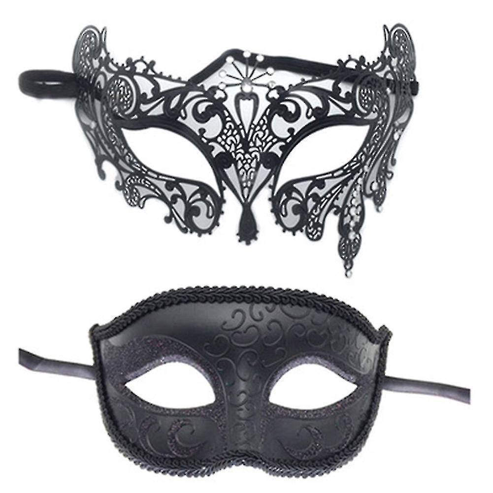 2pcs Couples Masquerade Masks Set Black Half Face Masks For Dancing Party