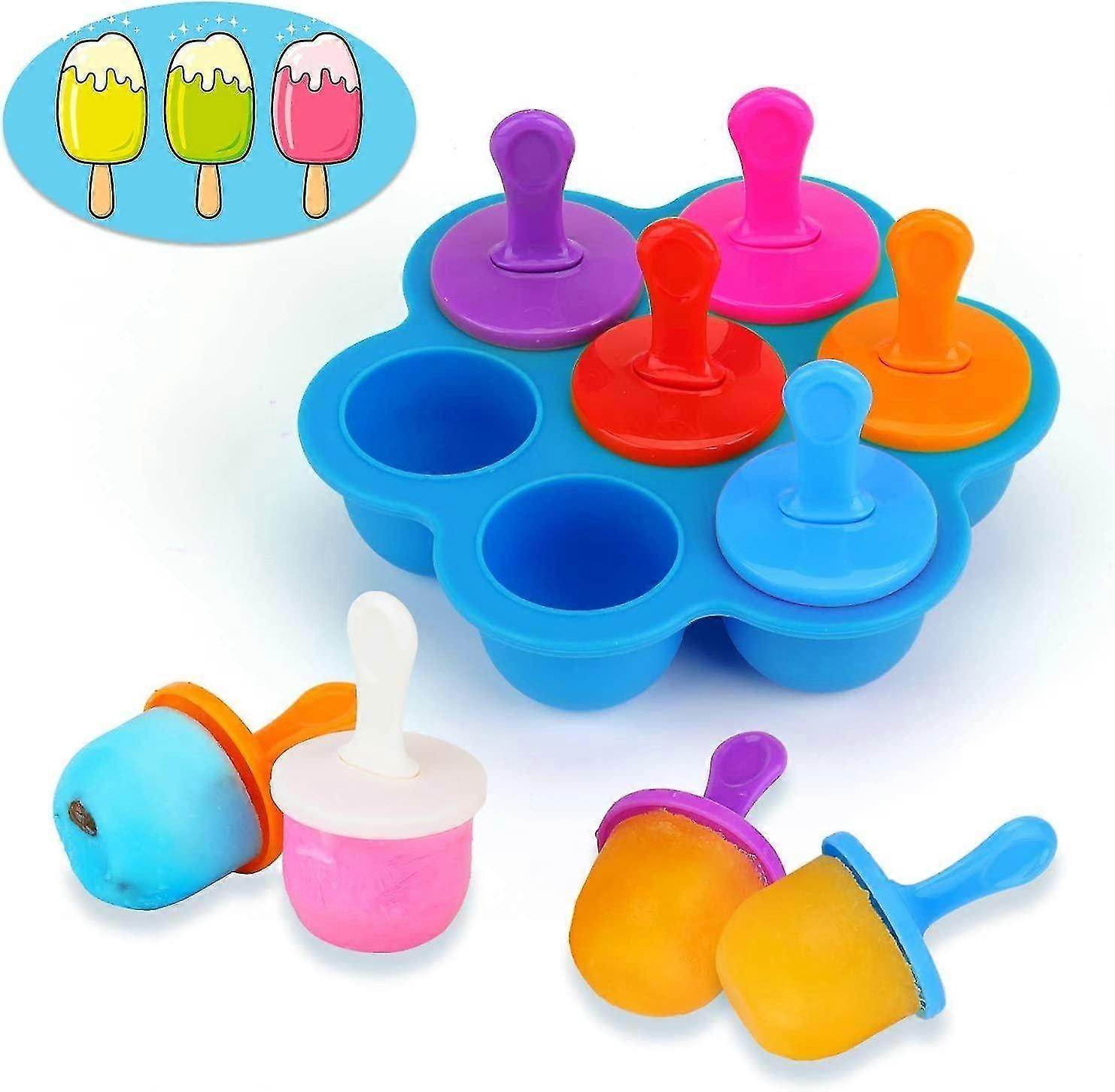 Mini Silicone Ice Mold, Popsicle Molds DIY Reusable, 7 Ice Cube Molds, in 9 Colored Plastic Rods, fo