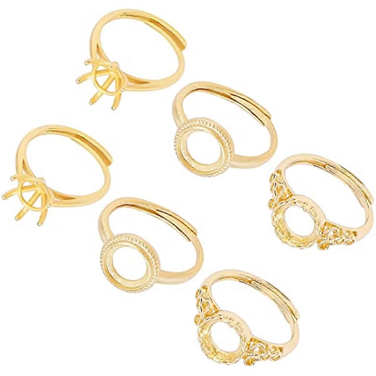 6Pcs 3 Styles Bezel Cup Blank Rings Golden Brass Finger Ring Components Flat Round Pad Ring Settings for Ring Making