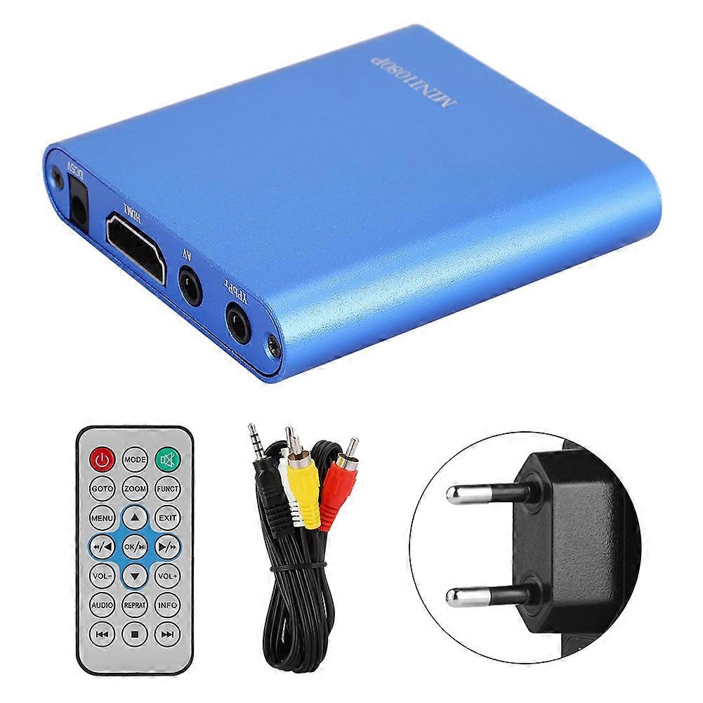 Mini 1080P HDMI Digital Media Player Festplatten-Decoder mit Fernbedienung (100~240V)Blau EU NO.1559