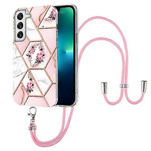For Samsung Galaxy S22 Ultra 5G Splicing Marble Flower Pattern TPU Phone Case with Lanyard