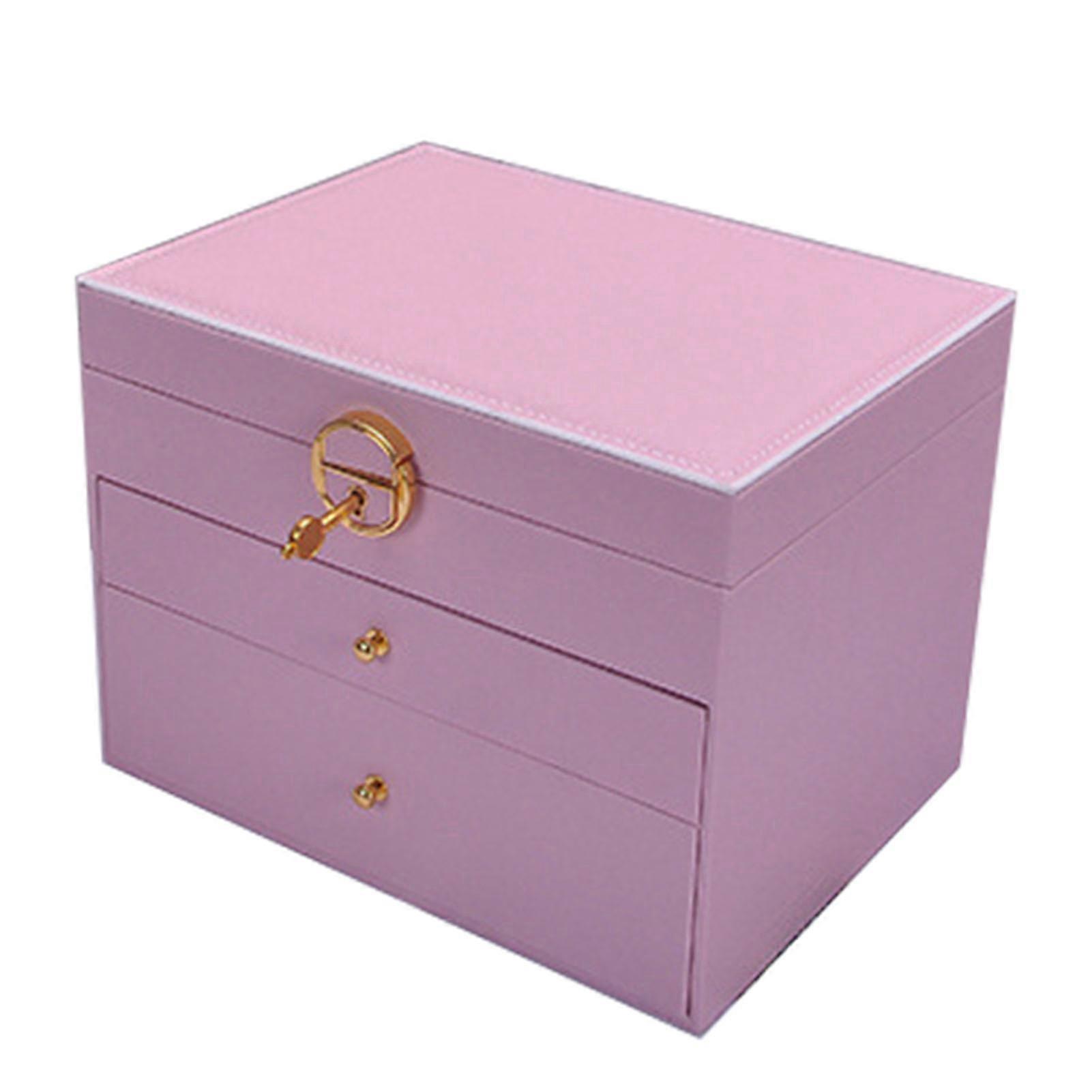 Three Layer Leather Jewelry Box with Lock Large Dustproof Organiser Case for Bedroom Living Room
